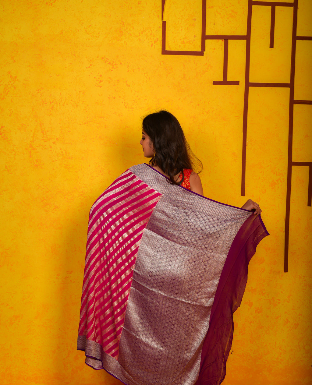Cerise Pink  Khaddi Chiffon Silk  Handwoven Banaras Saree