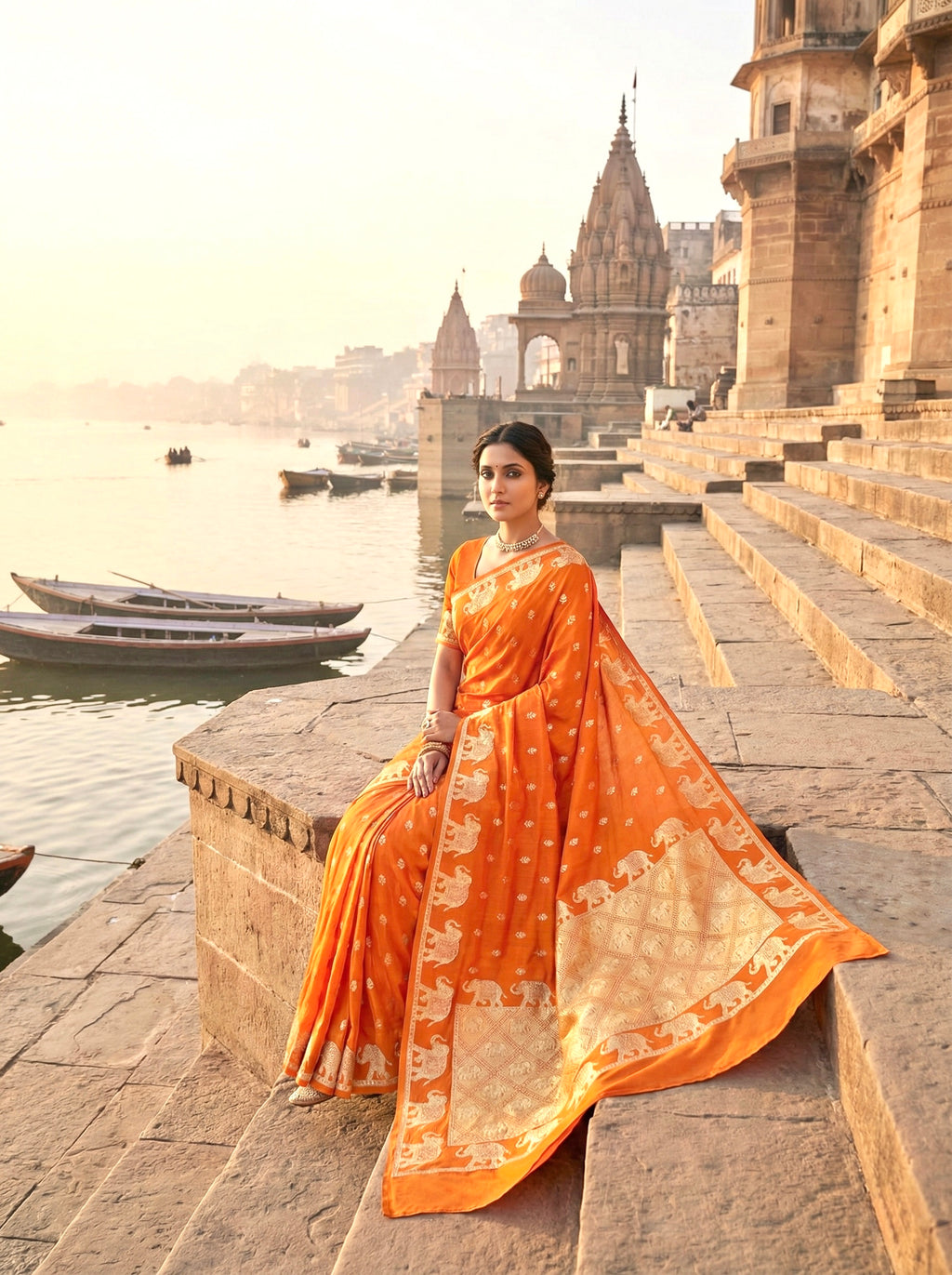 Handwoven Orange Banarasi Ahinsa Silk Saree