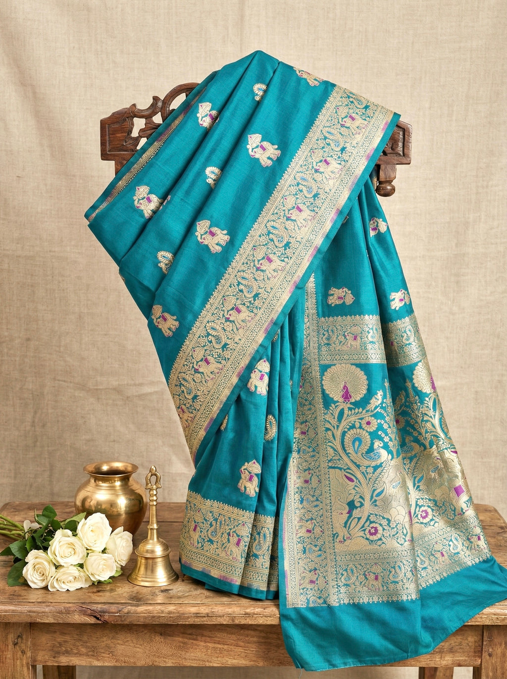 Handwoven Teal Blue Banarasi Ahinsa Silk Saree