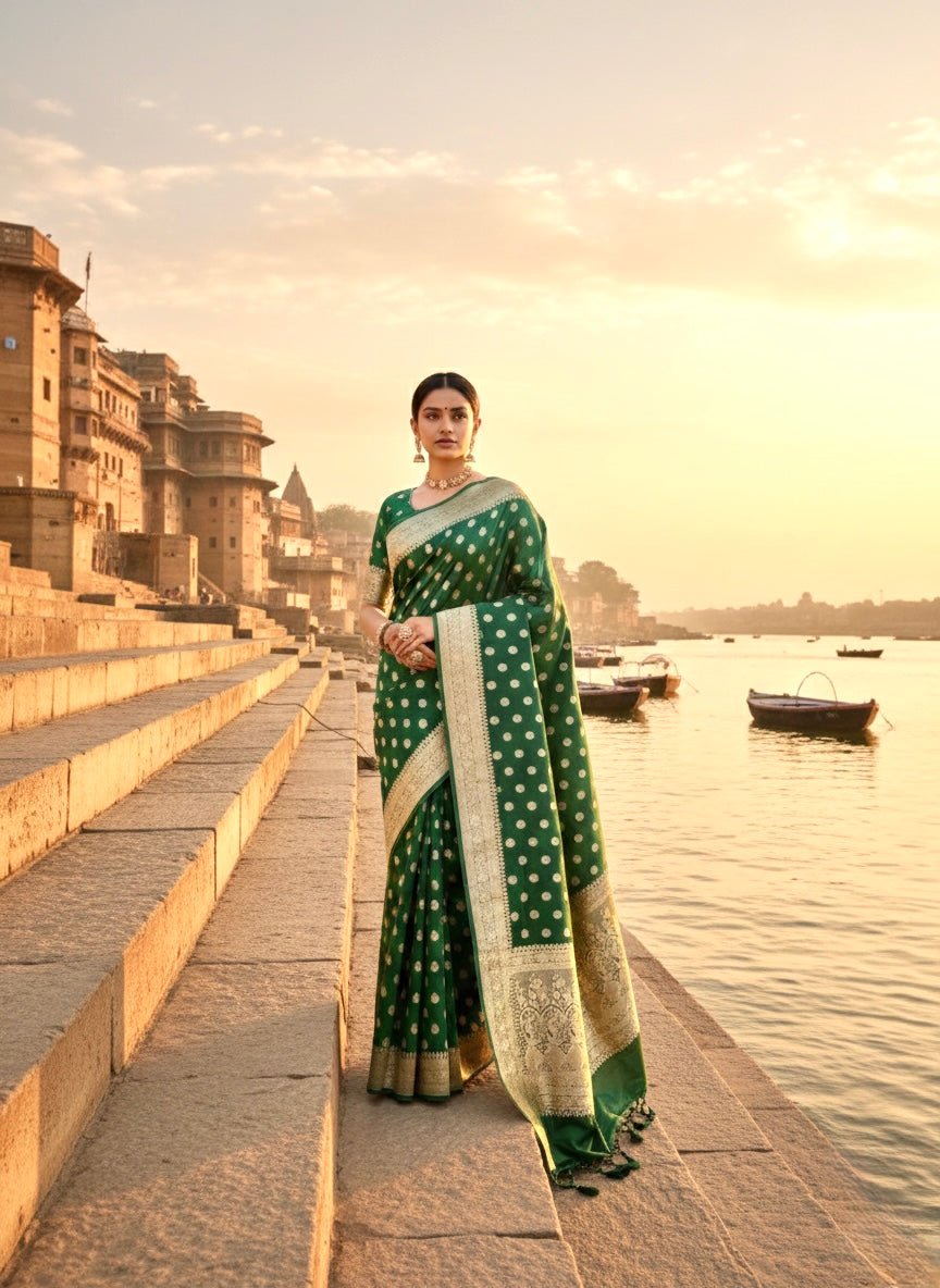 Handwoven Bottle Green Banarasi Ahinsa Silk Saree