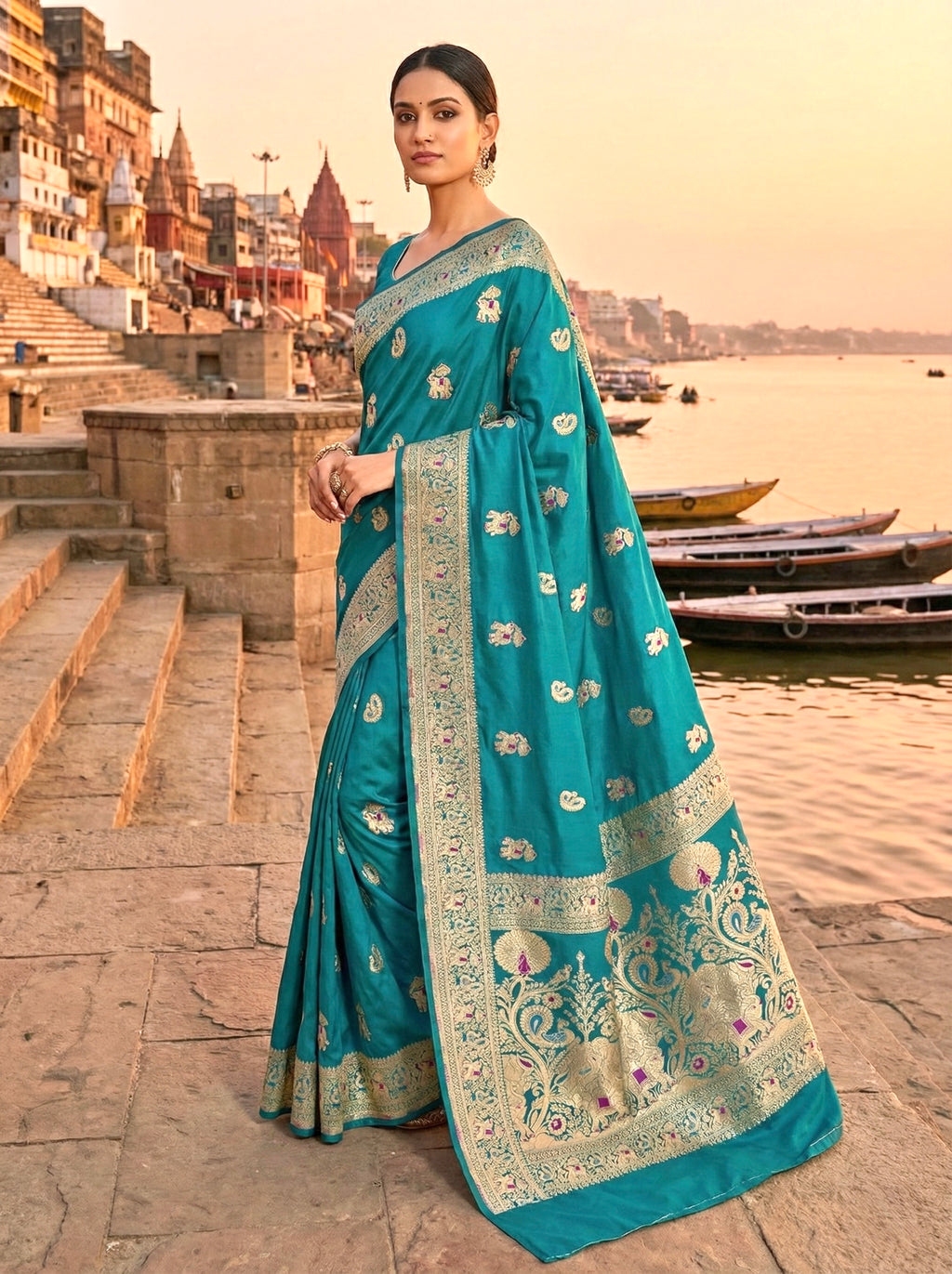 Handwoven Teal Blue Banarasi Ahinsa Silk Saree