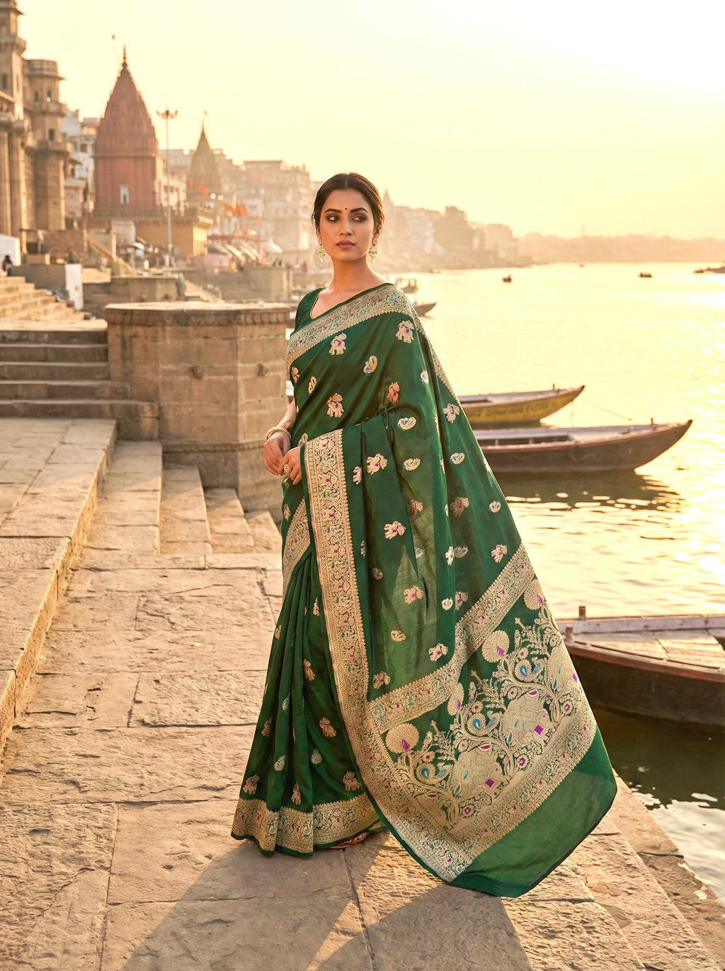Handwoven Emerald Green Banarasi Ahinsa Silk Saree