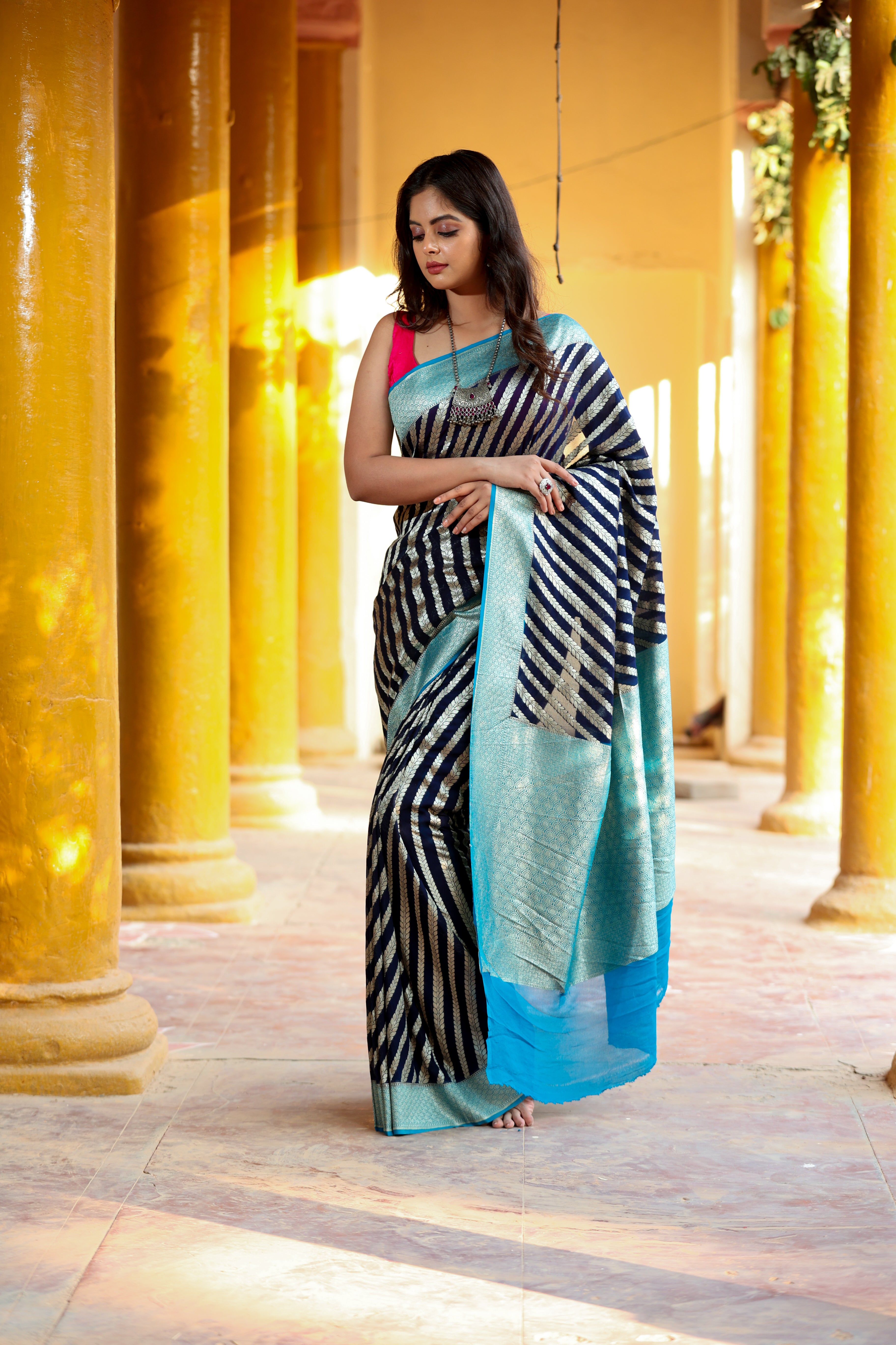 Navy Blue Khaddi Chiffon Handwoven Banaras Saree