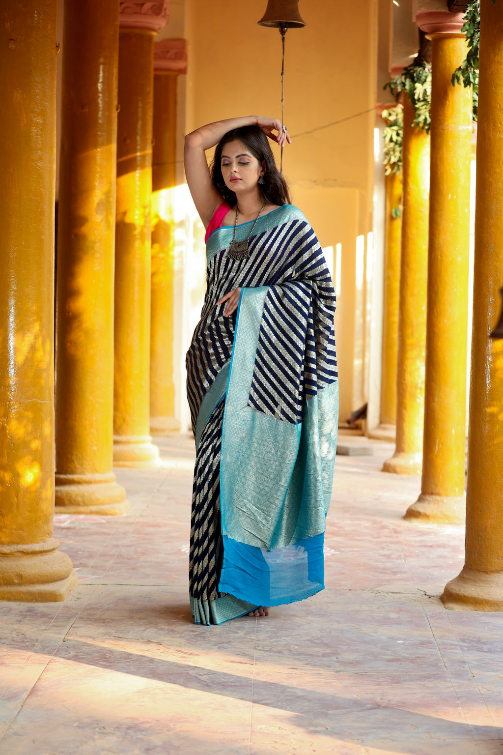 Navy Blue Khaddi Chiffon Handwoven Banaras Saree