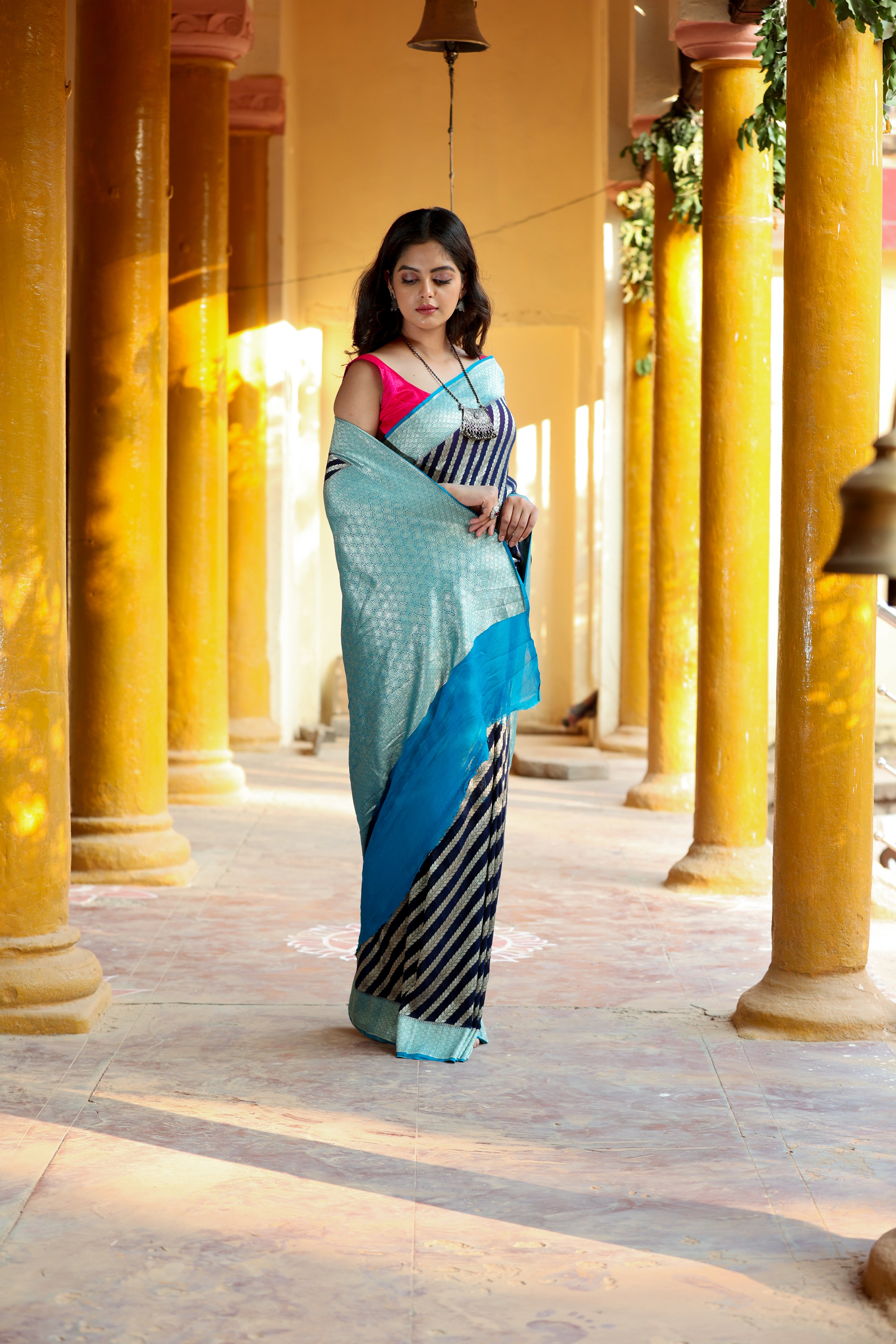 Navy Blue Khaddi Chiffon Handwoven Banaras Saree