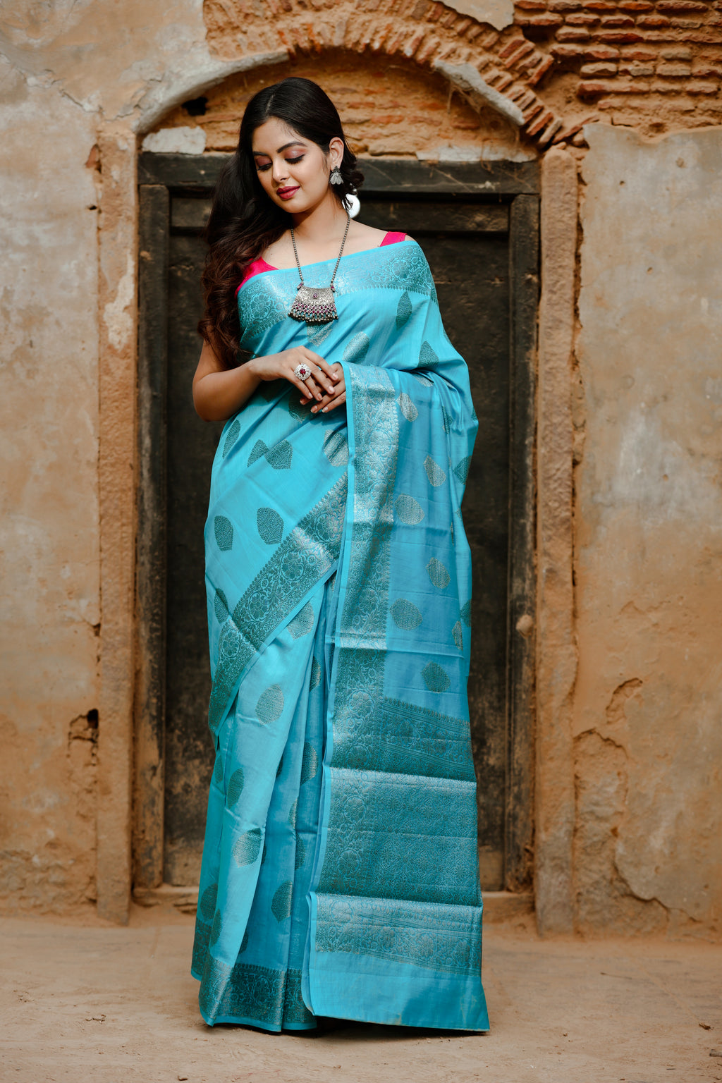 Blue Chinia Silk Handwoven Banaras Saree