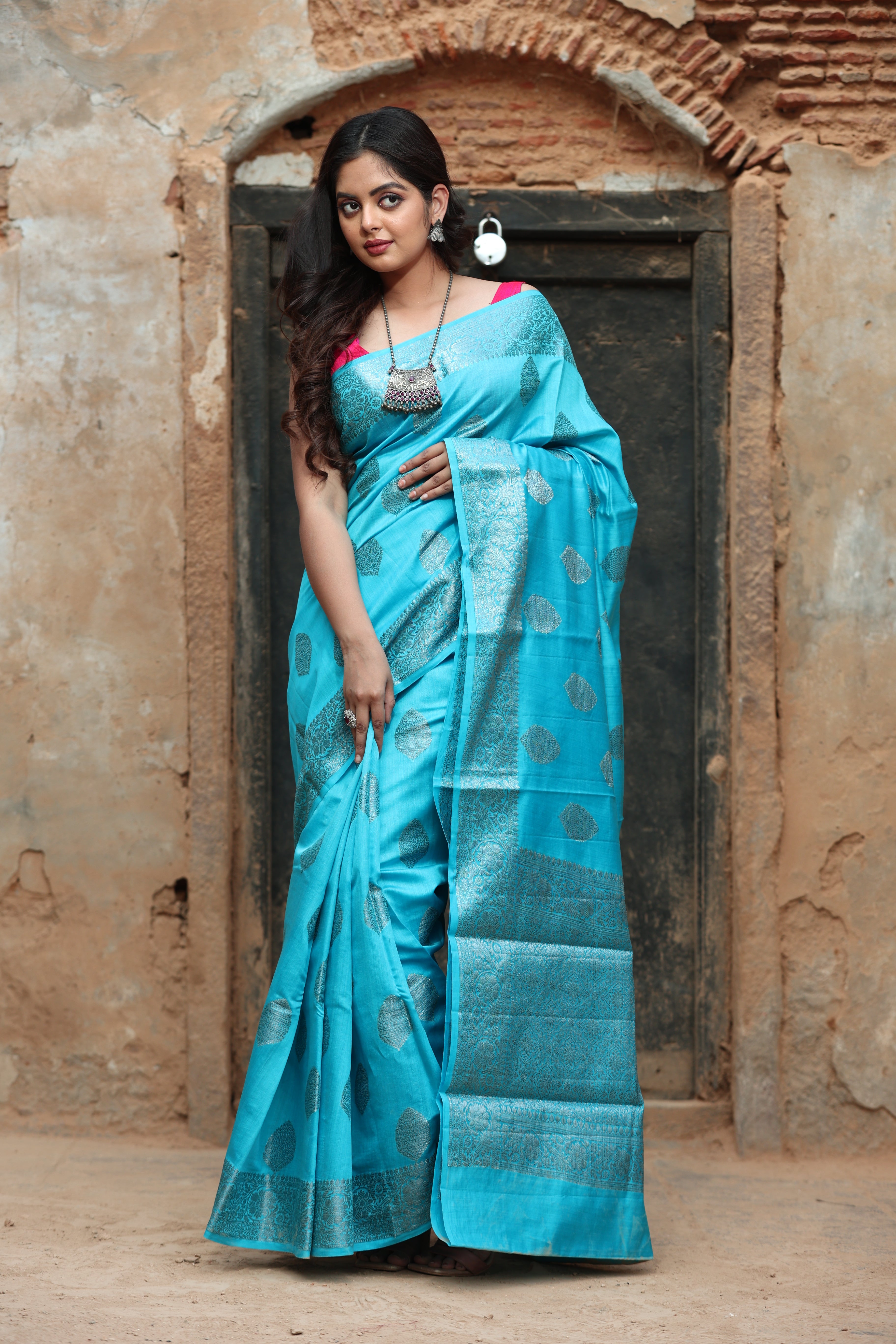 Blue Chinia Silk Handwoven Banaras Saree