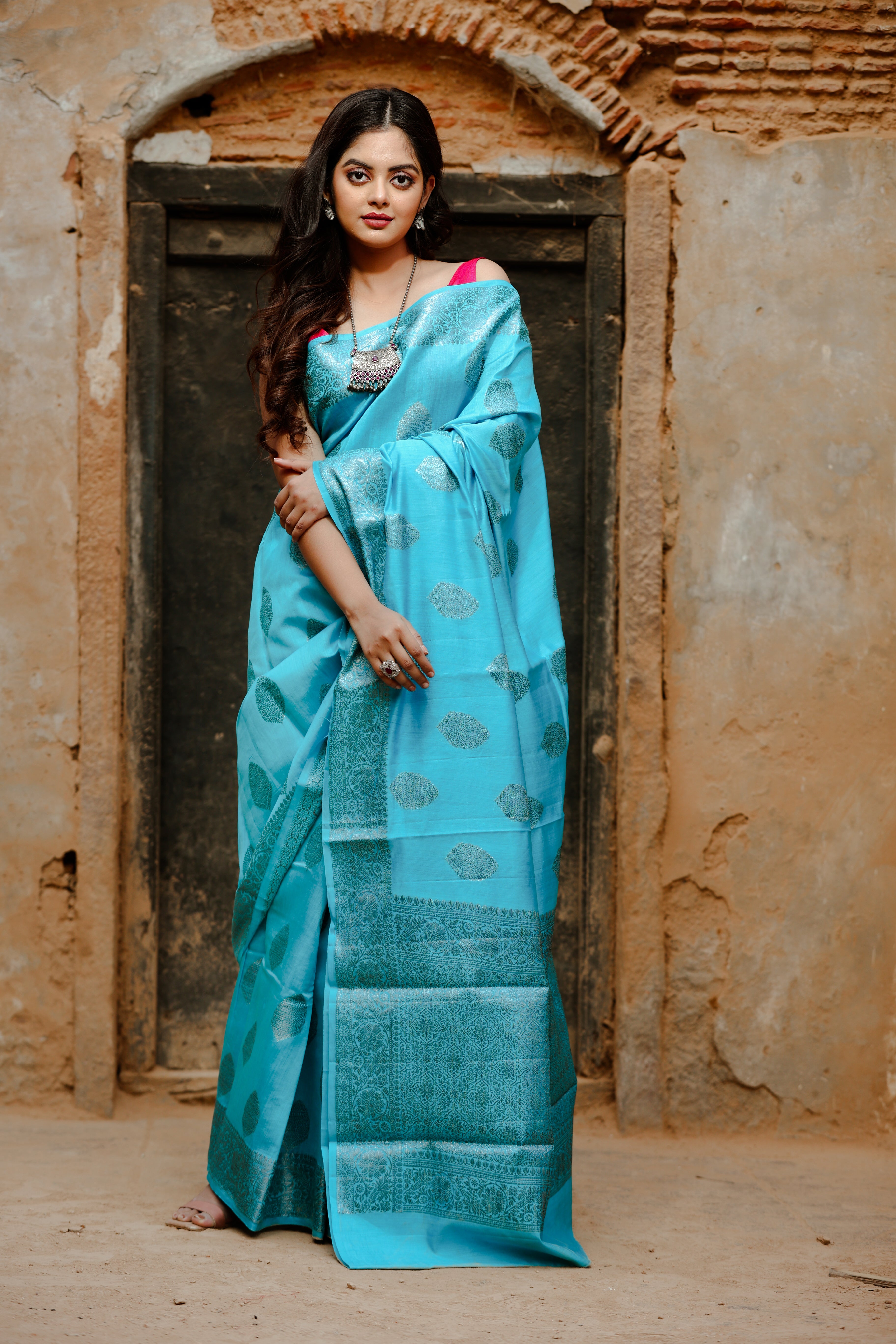 Blue Chinia Silk Handwoven Banaras Saree