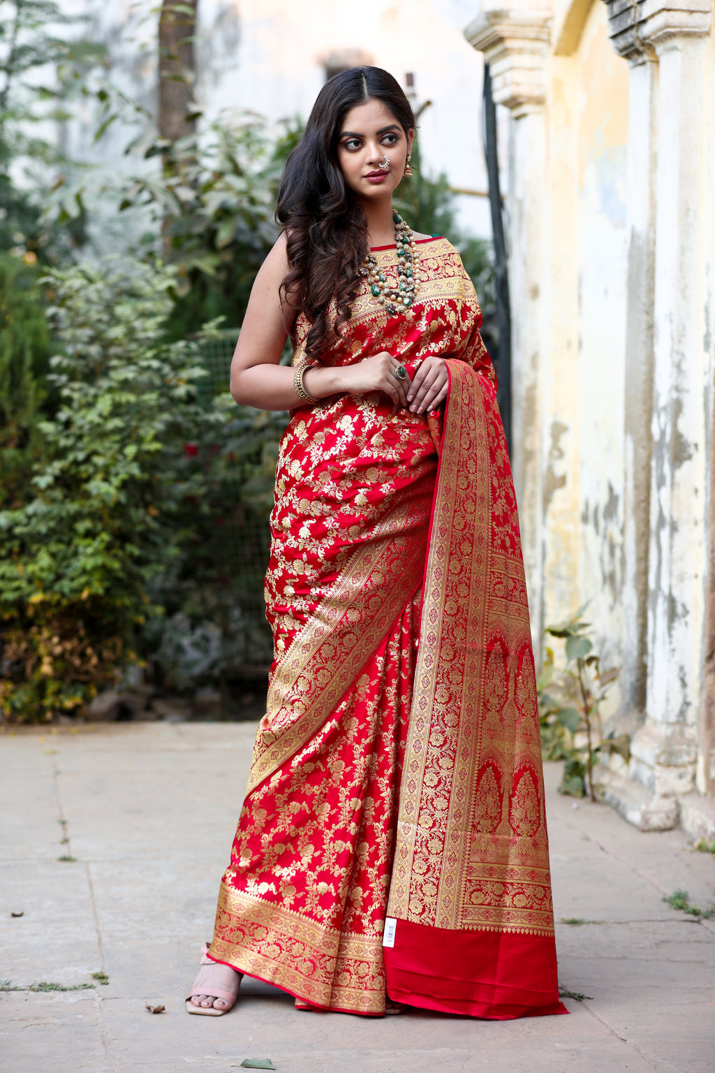 Red Sartin Silk Handwoven Banaras Saree