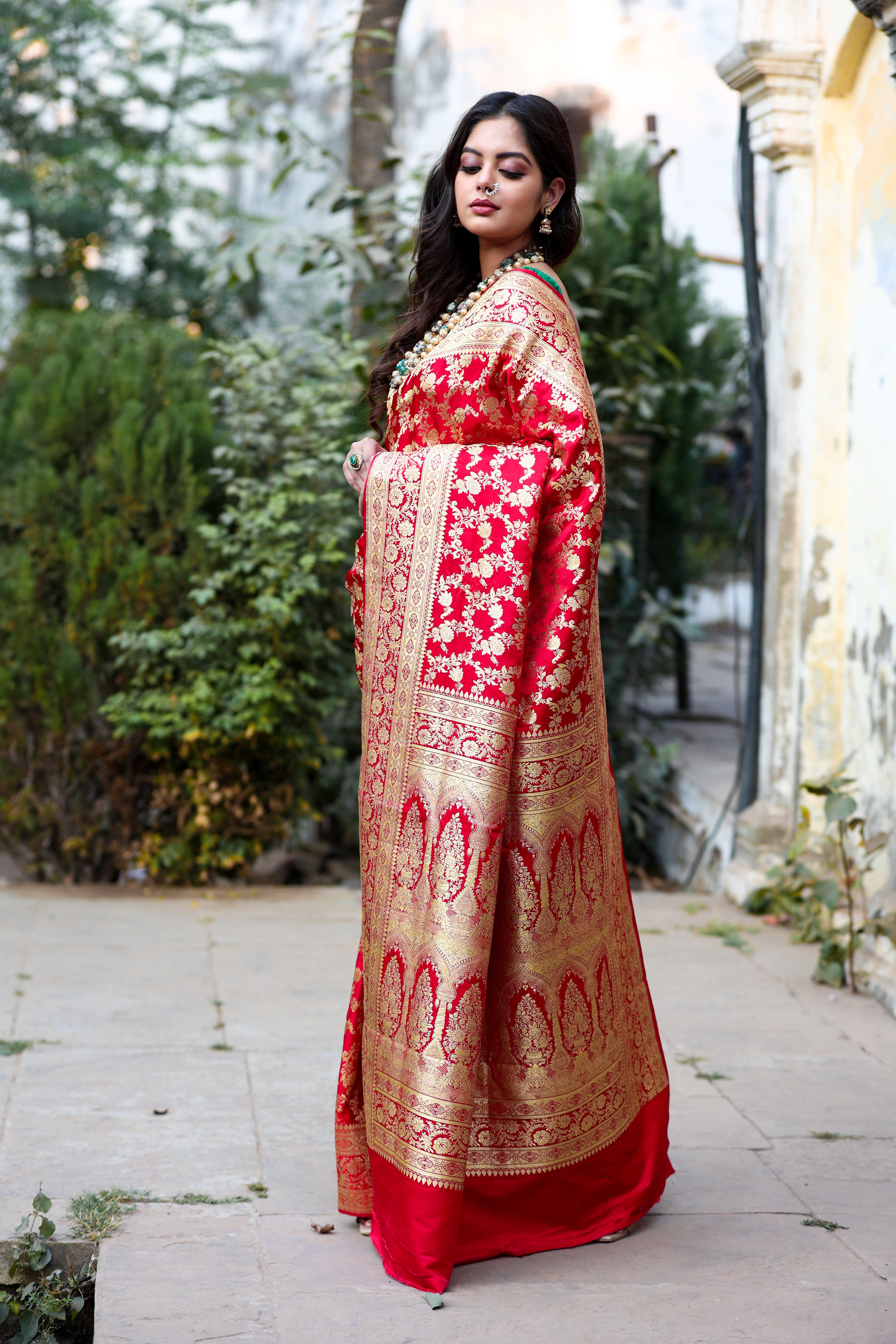 Red Sartin Silk Handwoven Banaras Saree