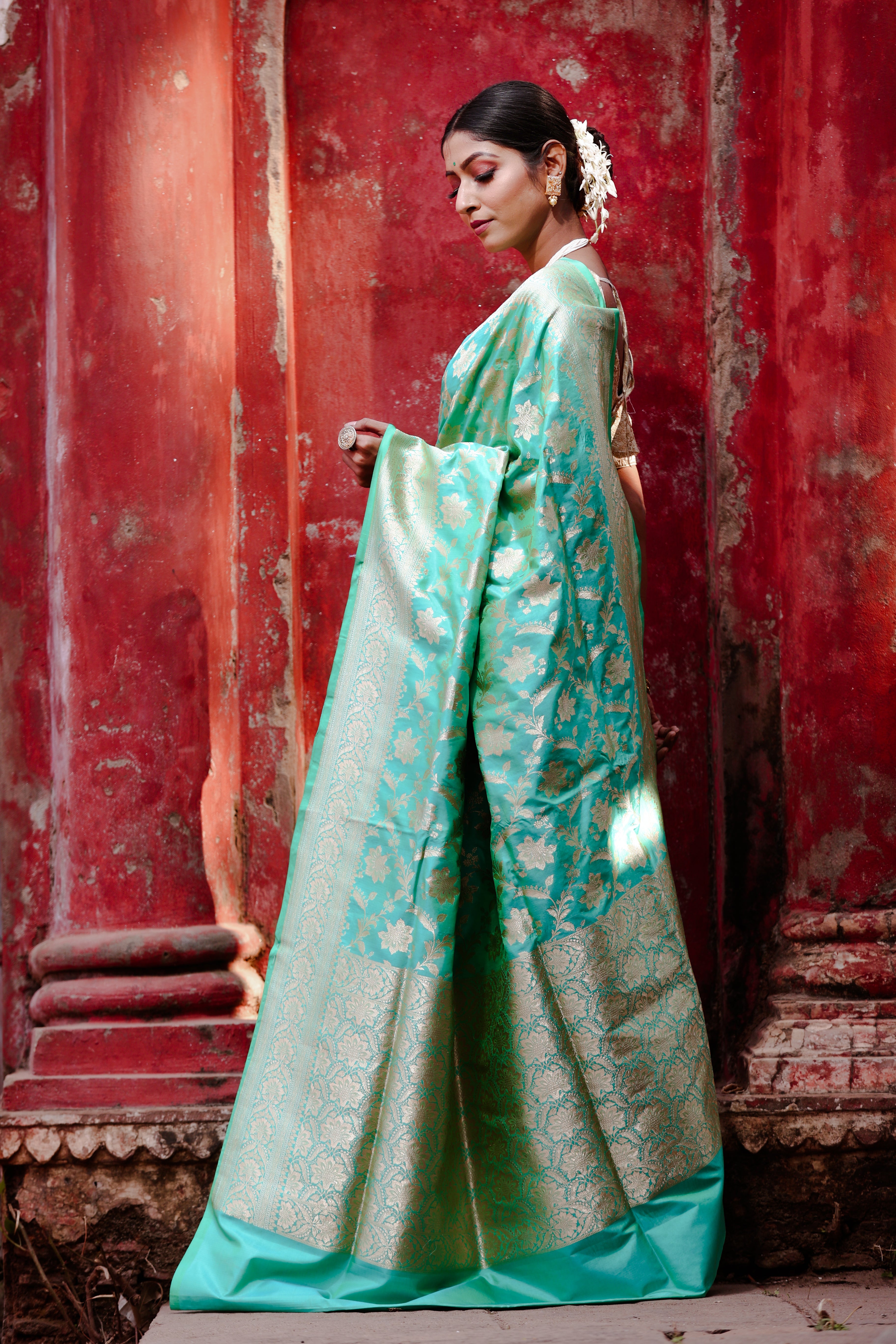 Emerald Green Katan Silk Handwoven Banaras Saree