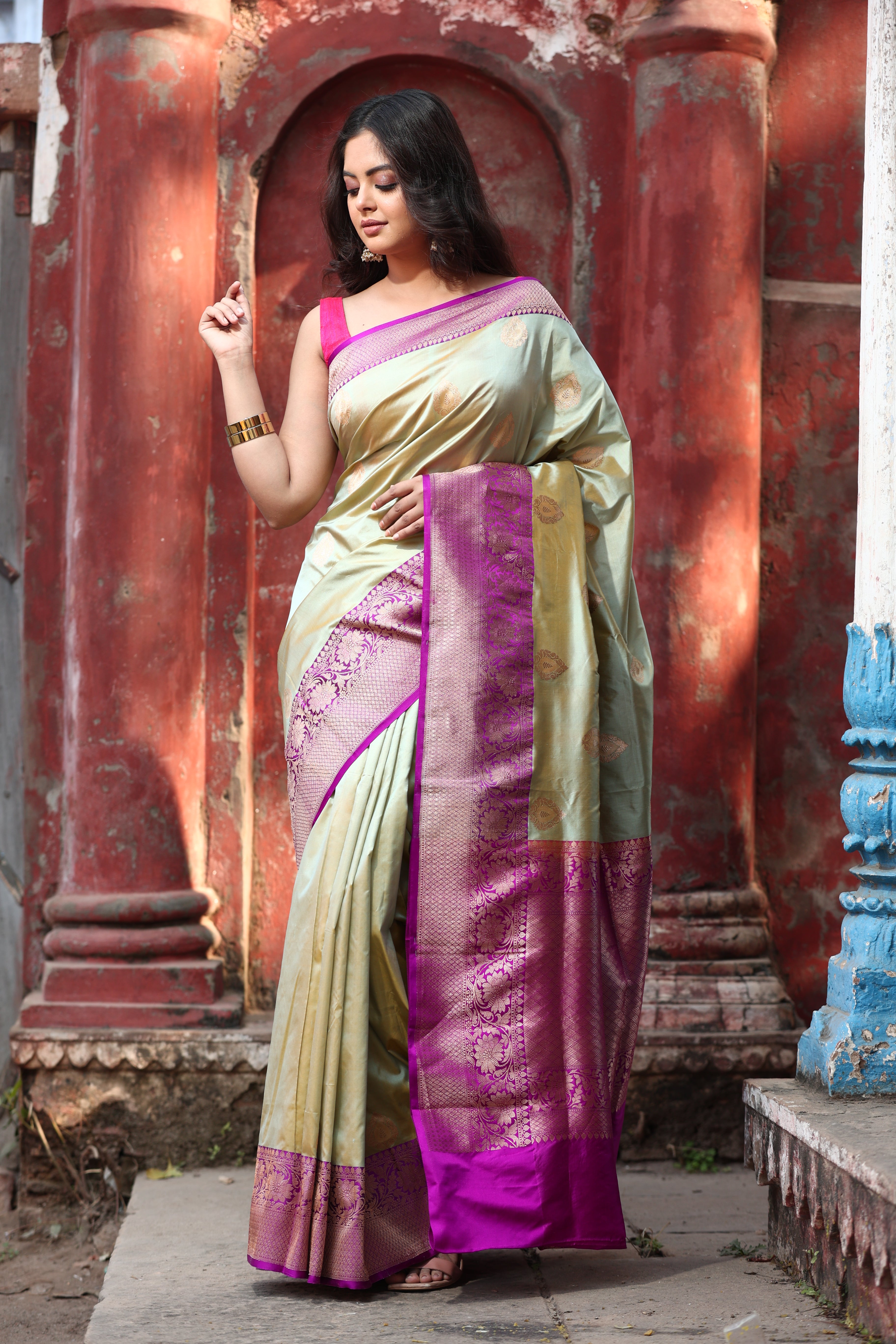 Golden Olive Green Katan Silk Handwoven Banaras Saree