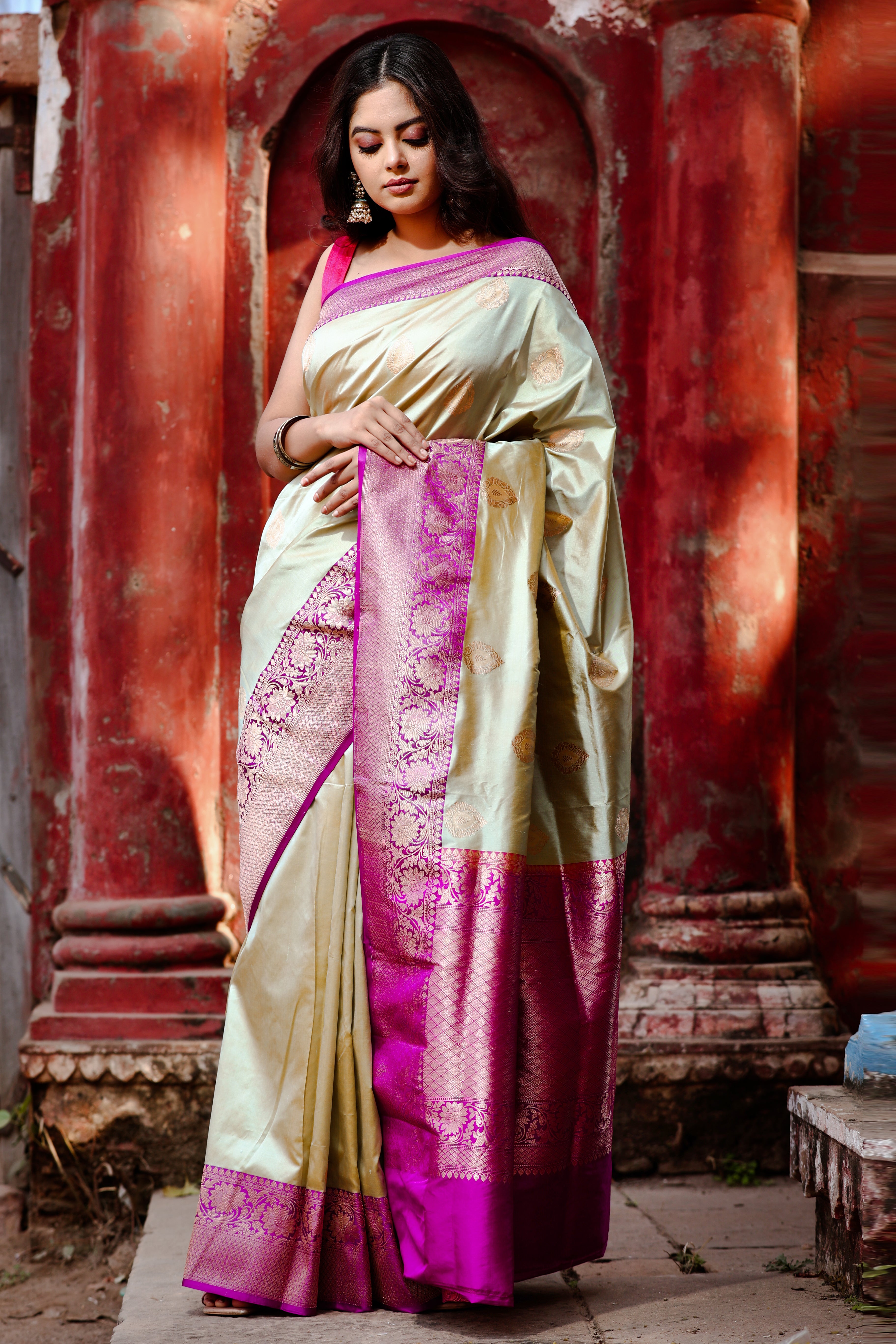 Golden Olive Green Katan Silk Handwoven Banaras Saree