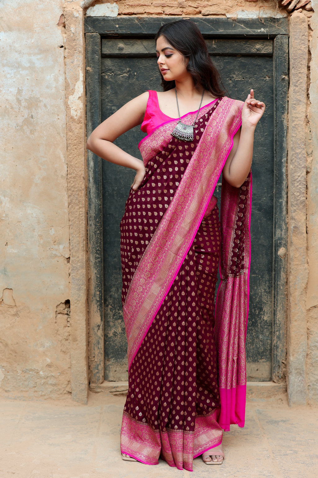 Coco Brown  Khaddi Chiffon Silk  Handwoven Banaras Saree