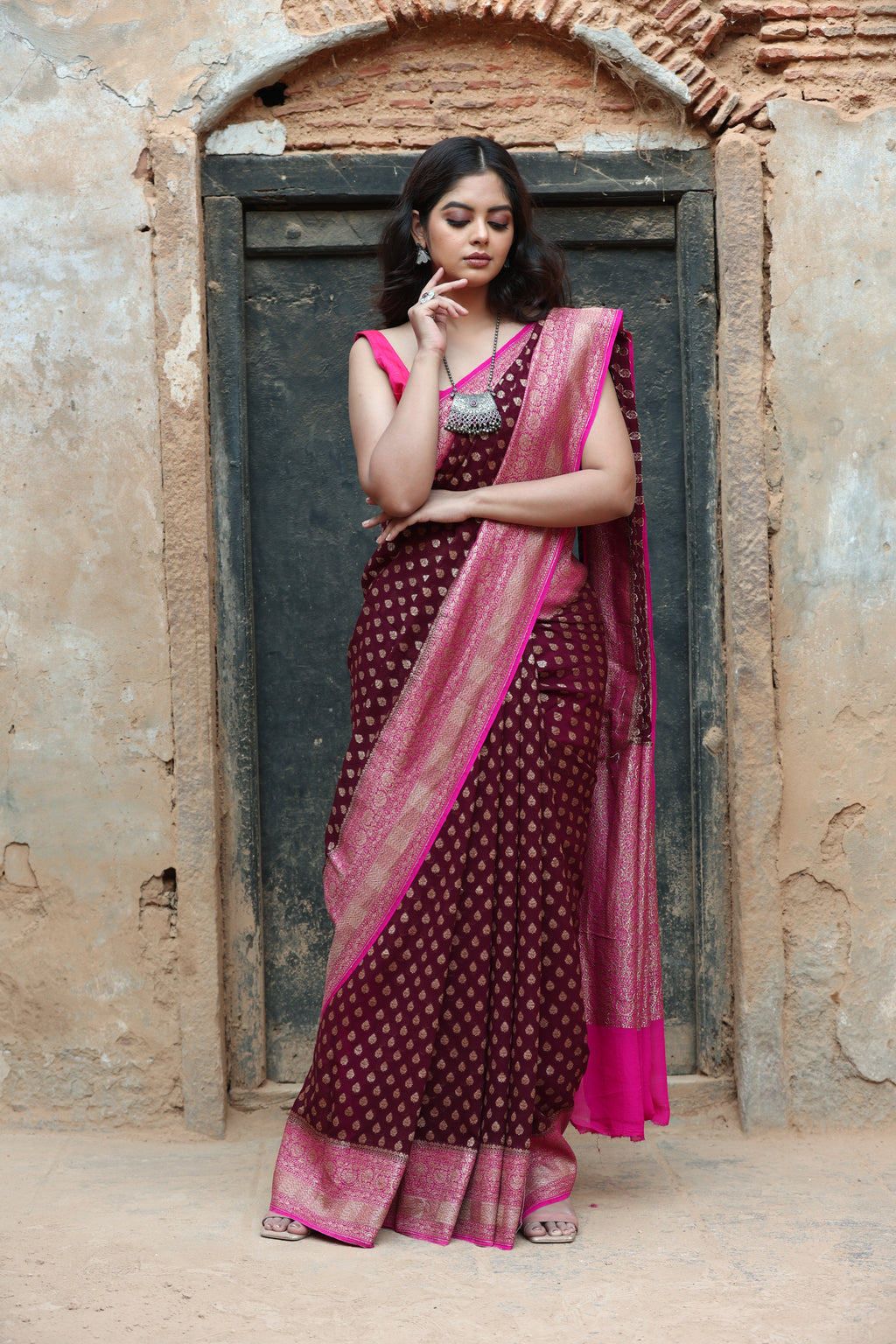 Coco Brown  Khaddi Chiffon Silk  Handwoven Banaras Saree