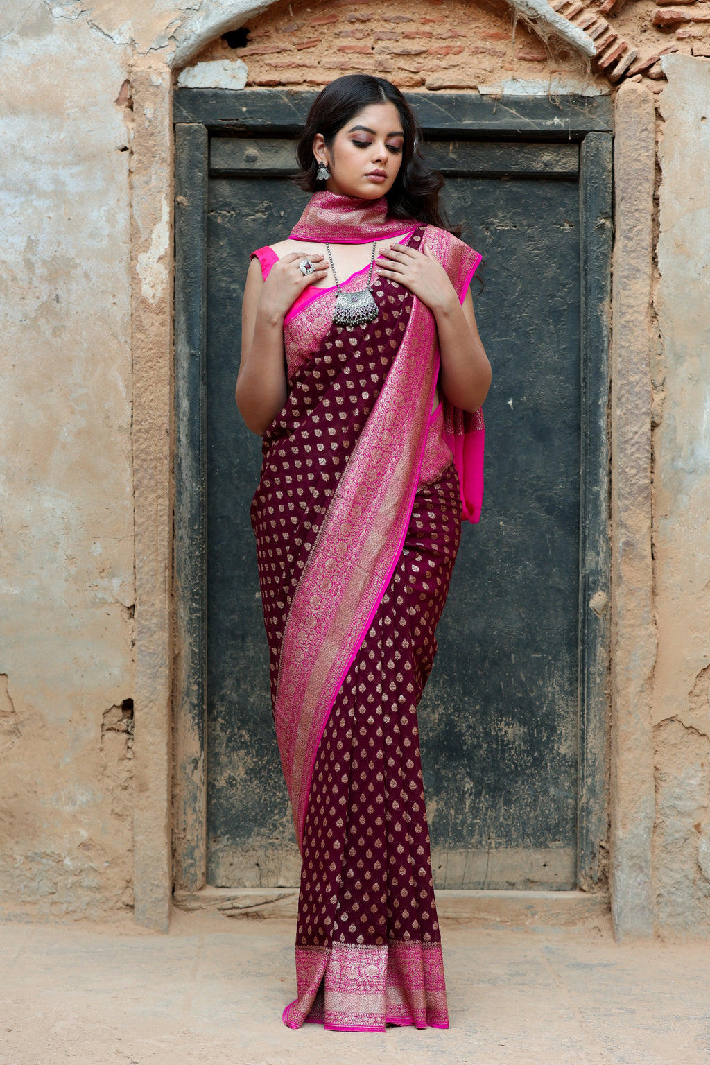 Coco Brown  Khaddi Chiffon Silk  Handwoven Banaras Saree