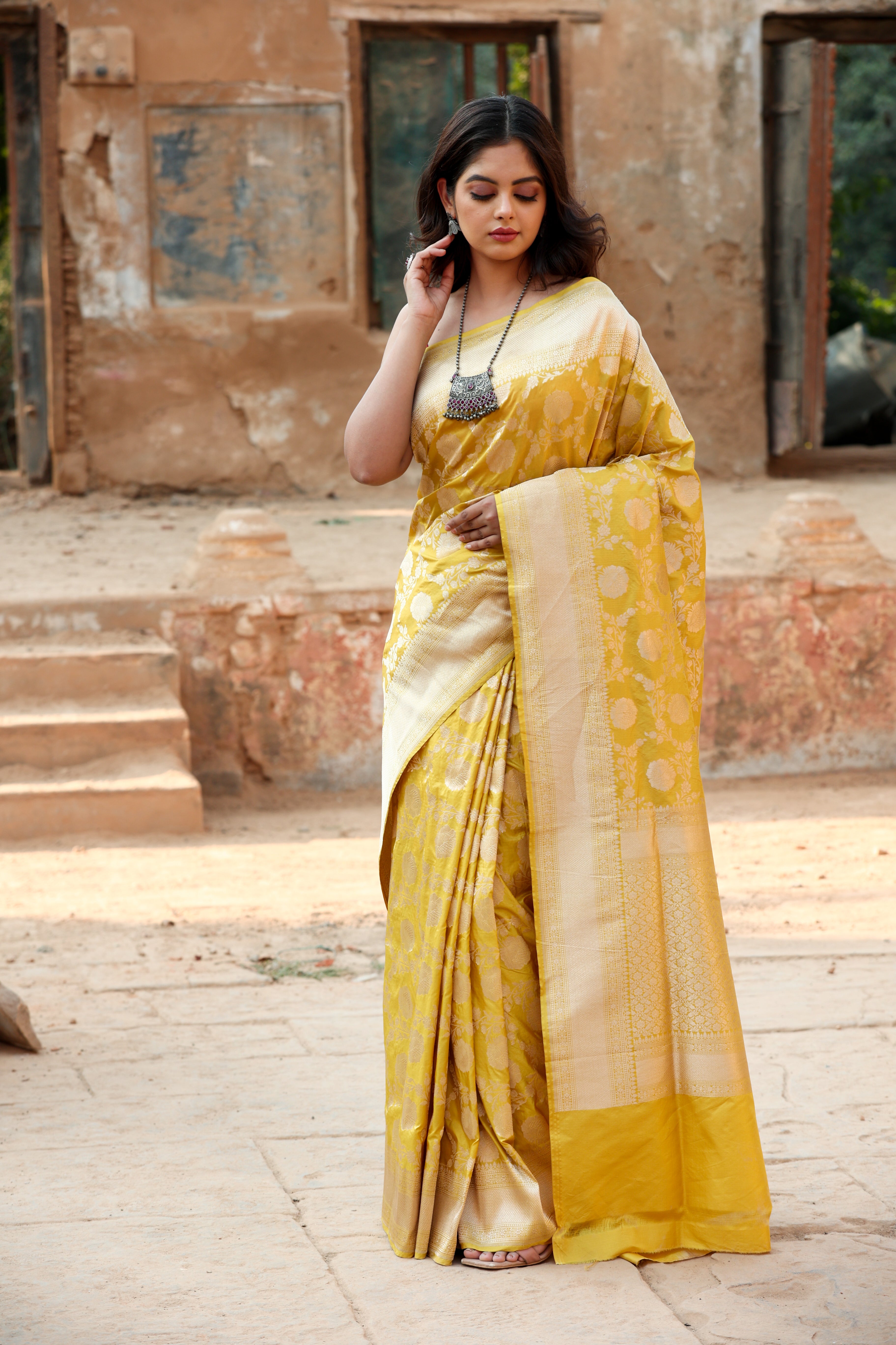 Turmeric Yellow  Katan Silk Handwoven Banaras Saree
