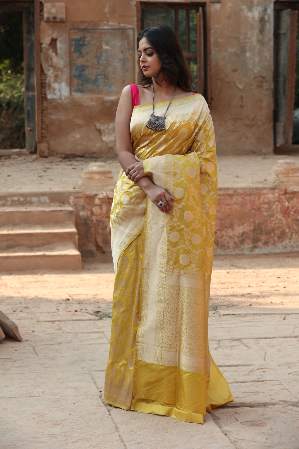 Turmeric Yellow  Katan Silk Handwoven Banaras Saree