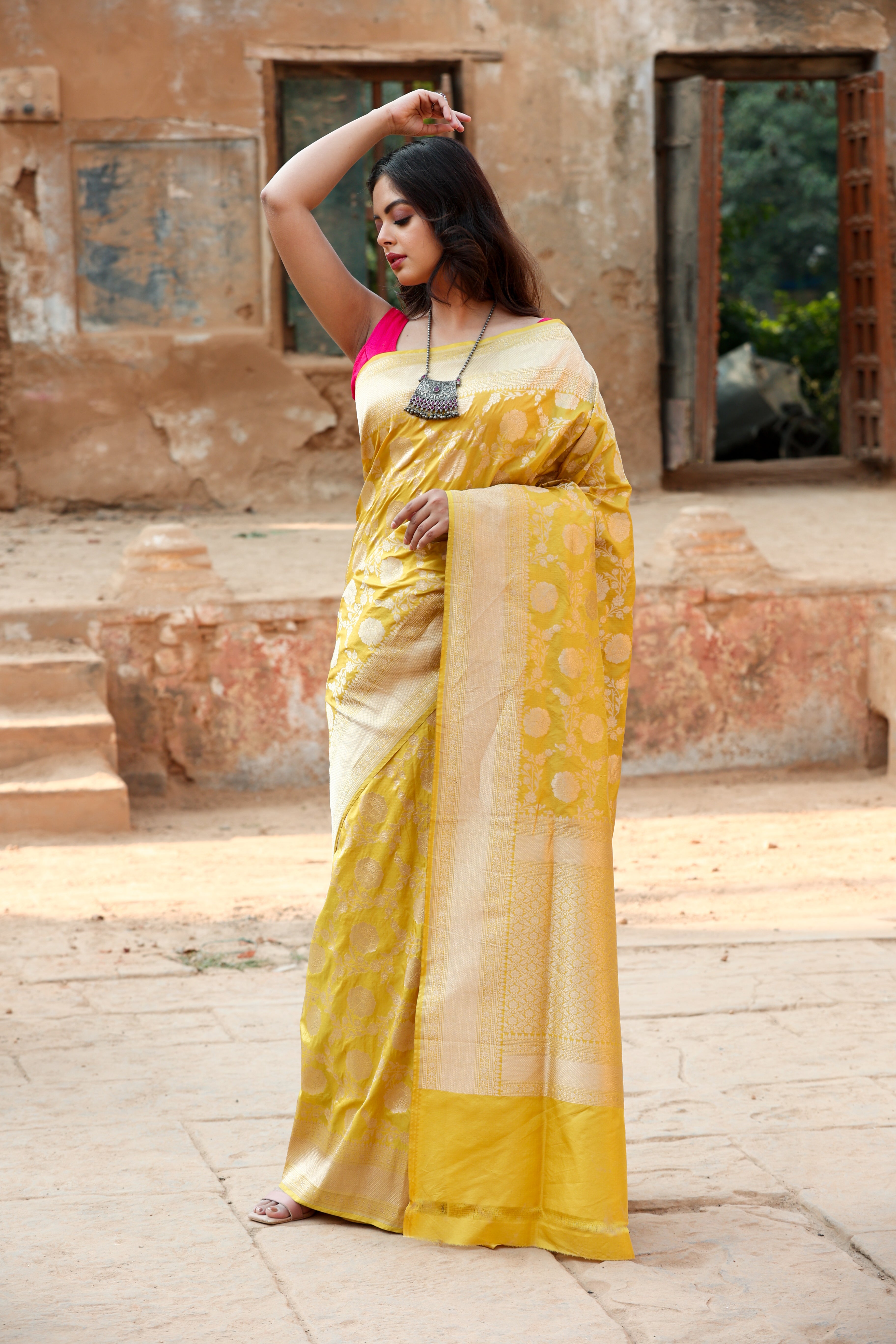 Turmeric Yellow  Katan Silk Handwoven Banaras Saree