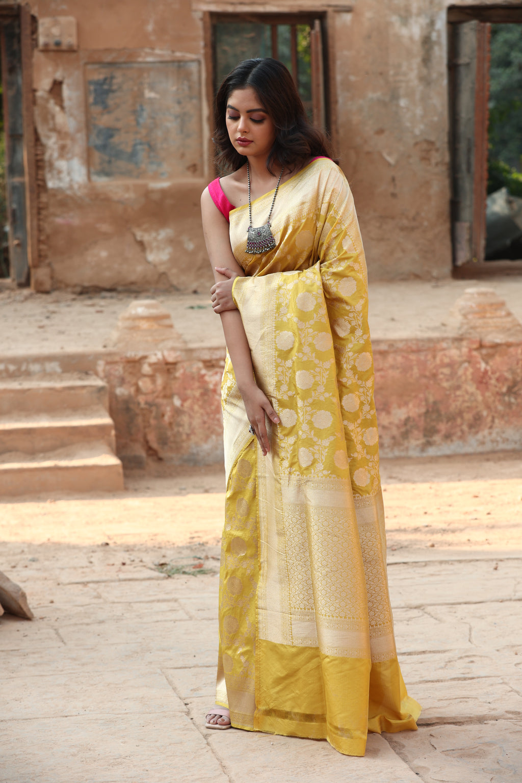 Turmeric Yellow  Katan Silk Handwoven Banaras Saree