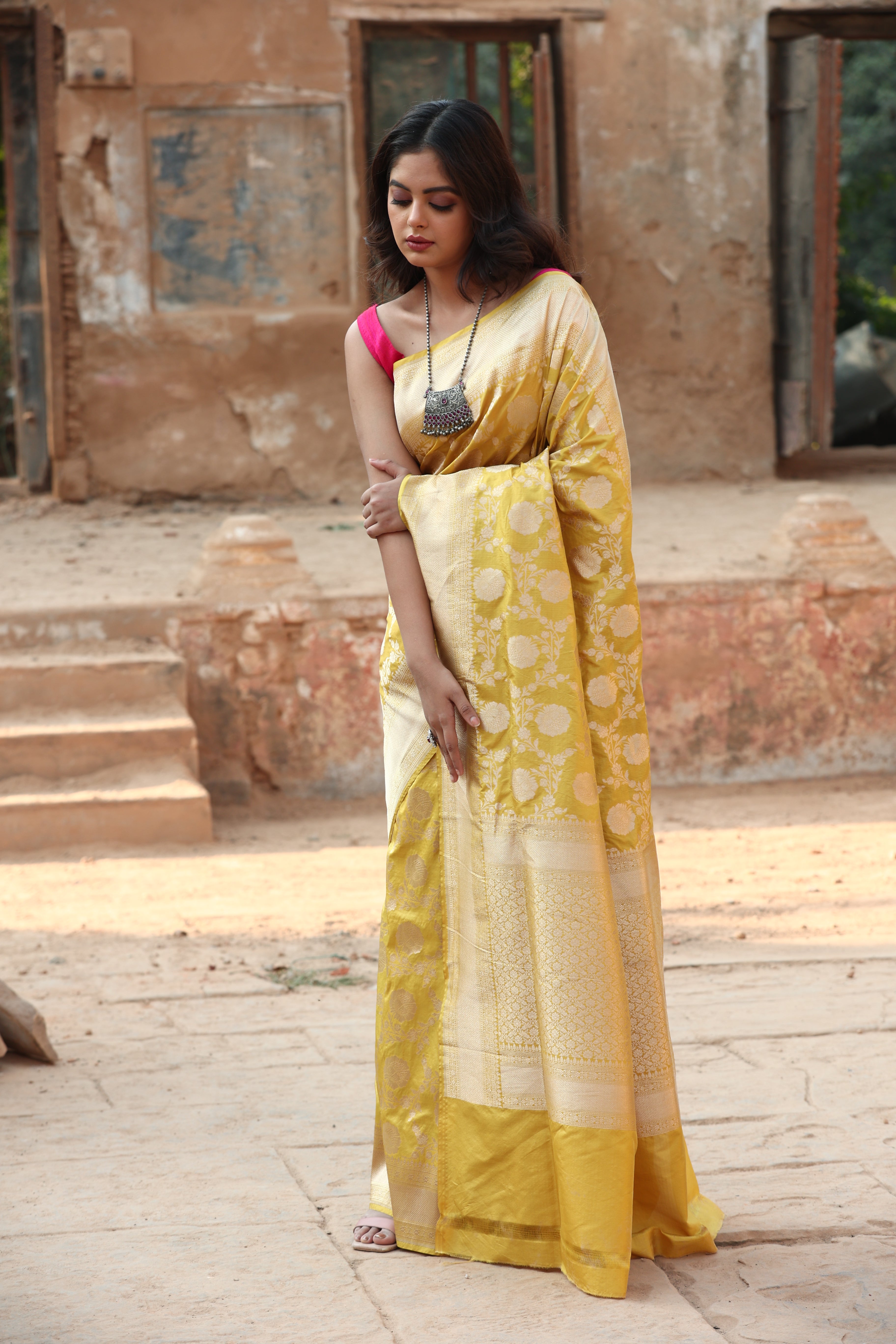 Turmeric Yellow  Katan Silk Handwoven Banaras Saree