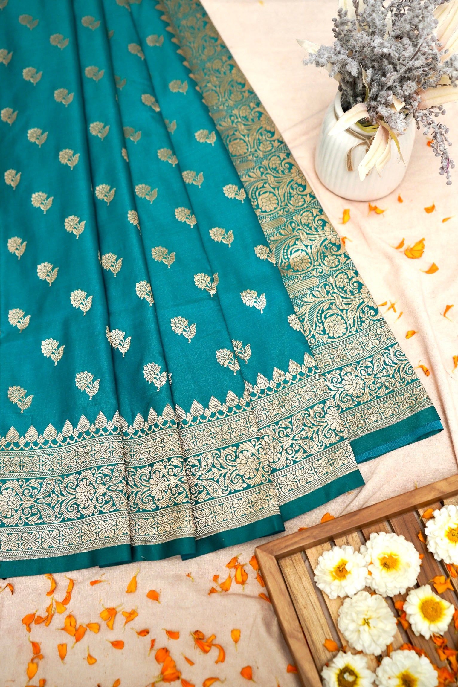 OCEAN TEAL BANARASI MASHRU KATAN SILK SAREE