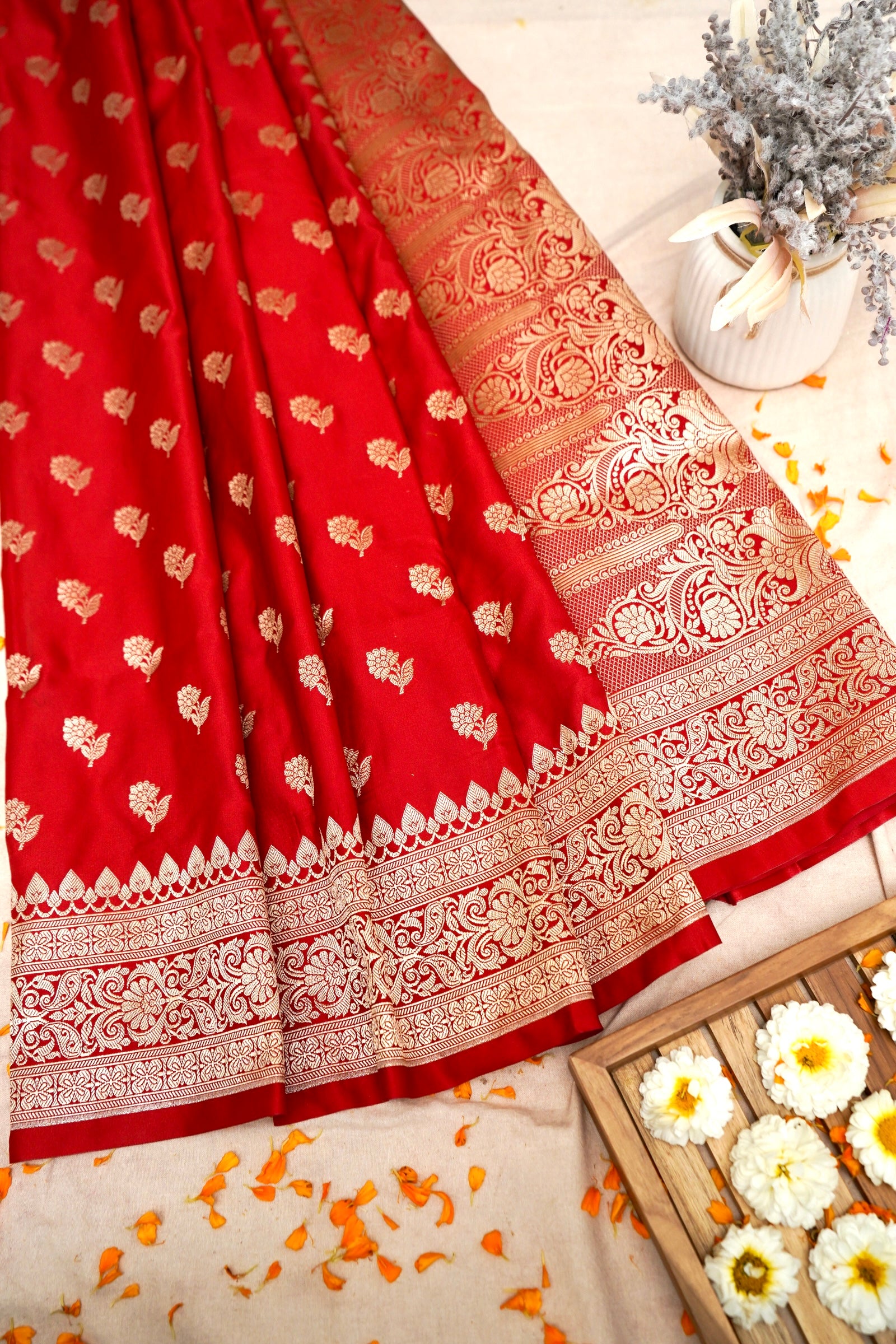 SCARLET RED BANARASI MASHRU KATAN SILK SAREE
