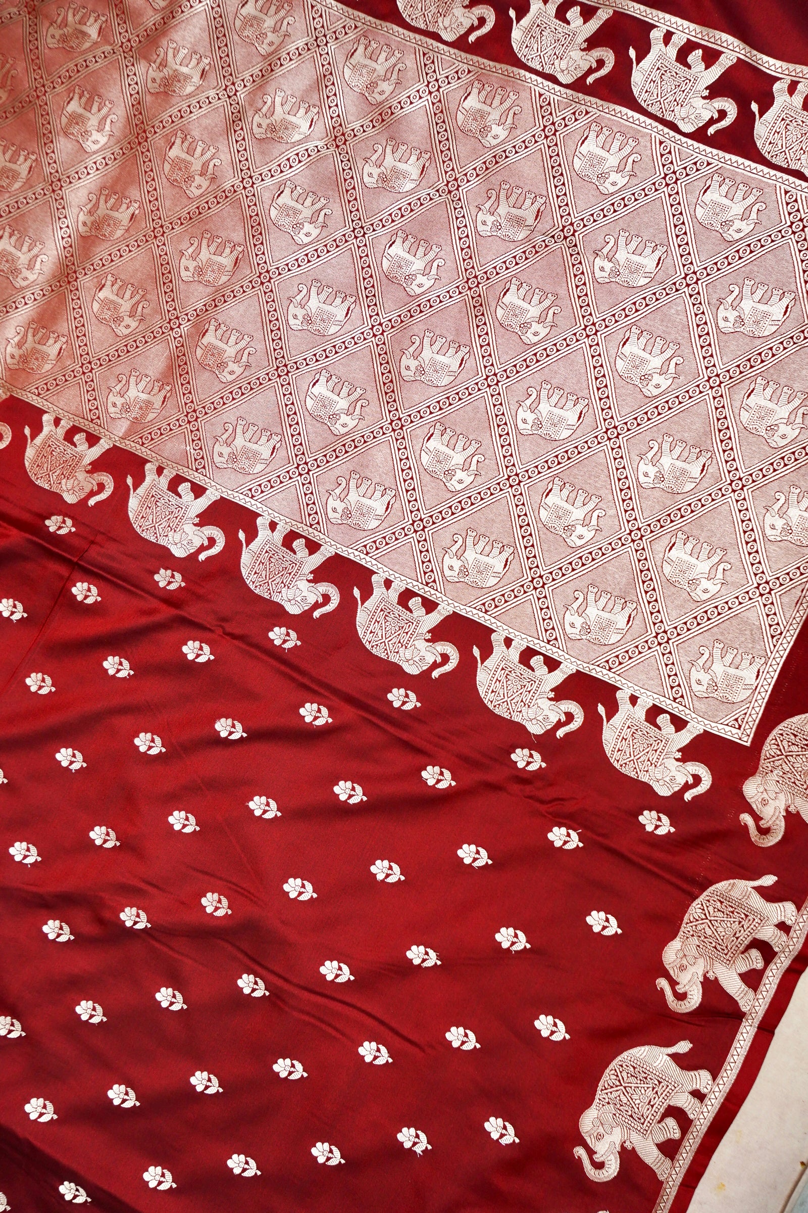 ROYAL MAROON BANARASI MASHRU KATAN SILK SAREE (ELEPHANT BORDER)