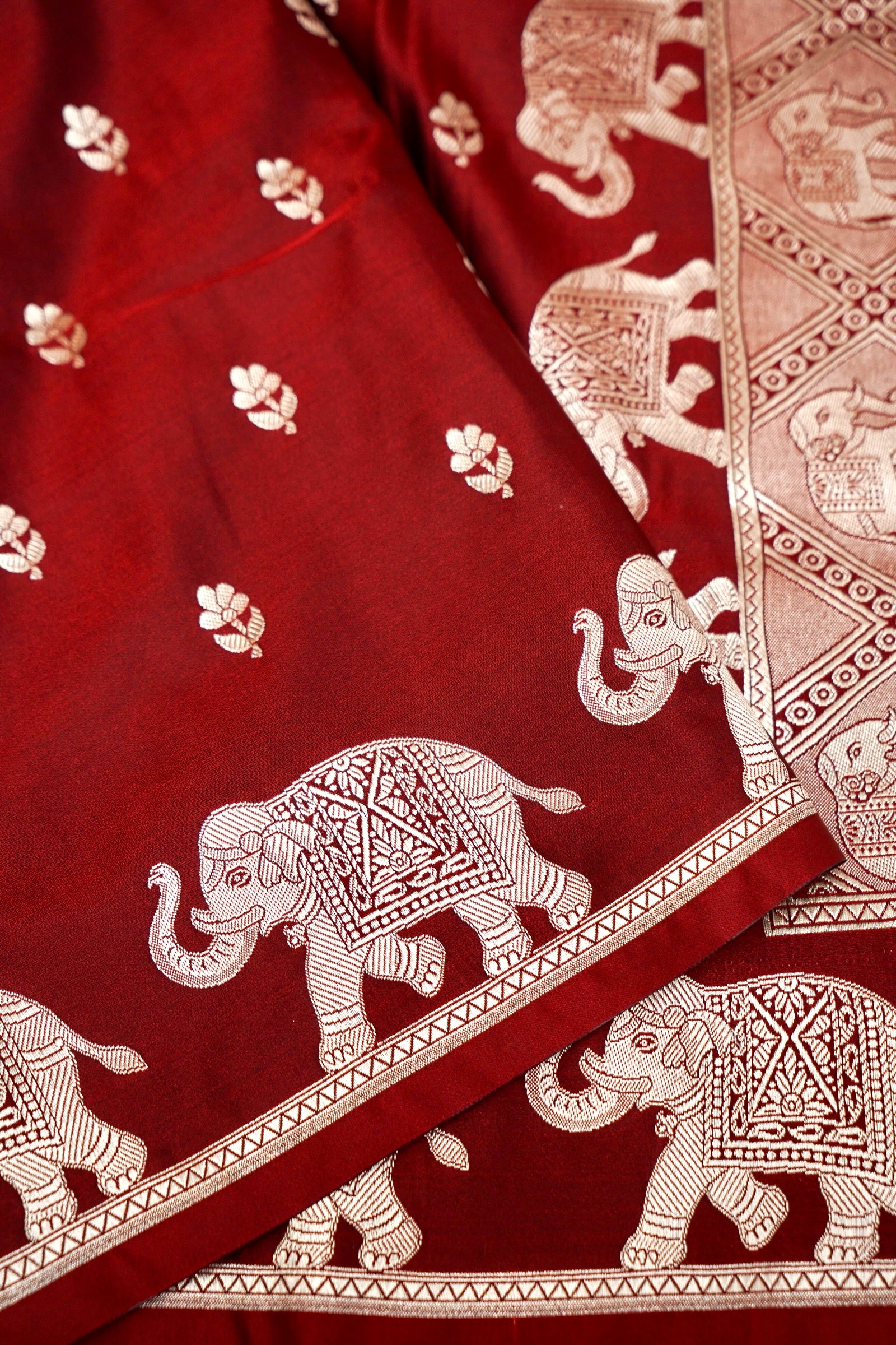 ROYAL MAROON BANARASI MASHRU KATAN SILK SAREE (ELEPHANT BORDER)