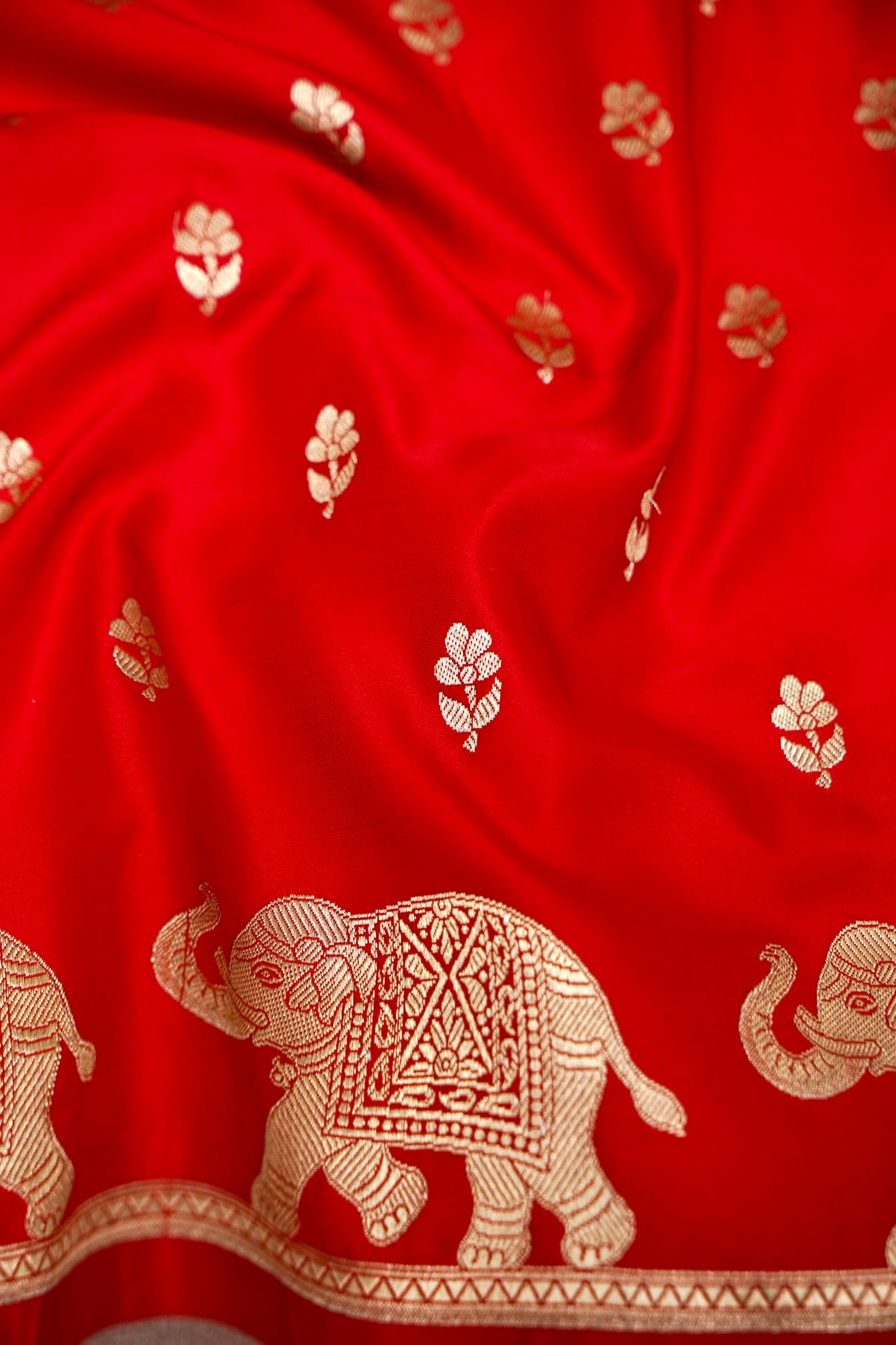 RANI RED BANARASI MASHRU KATAN SILK SAREE (ELEPHANT BORDER)