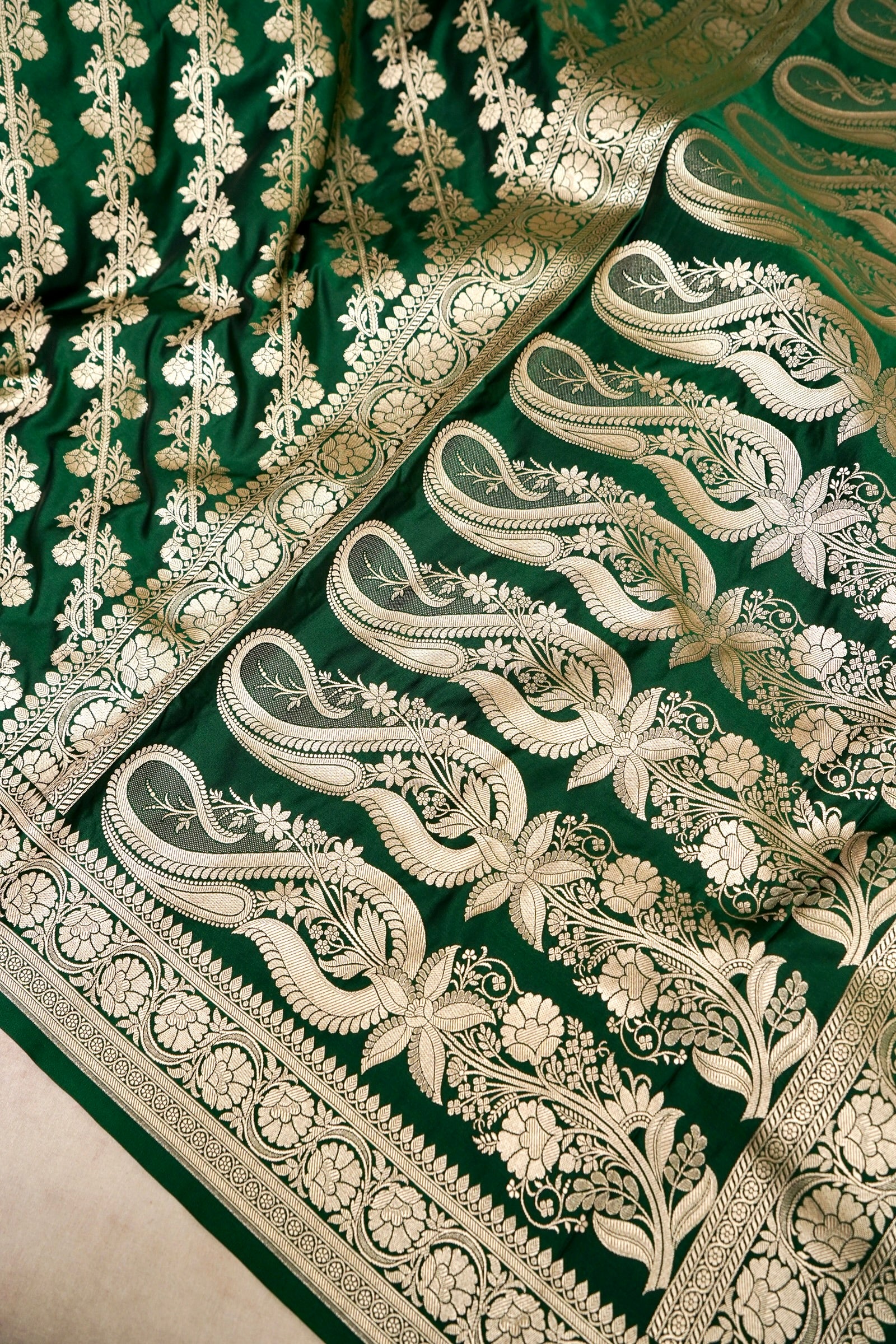 EMERALD GREEN BANARASI MASHRU KATAN SILK SAREE