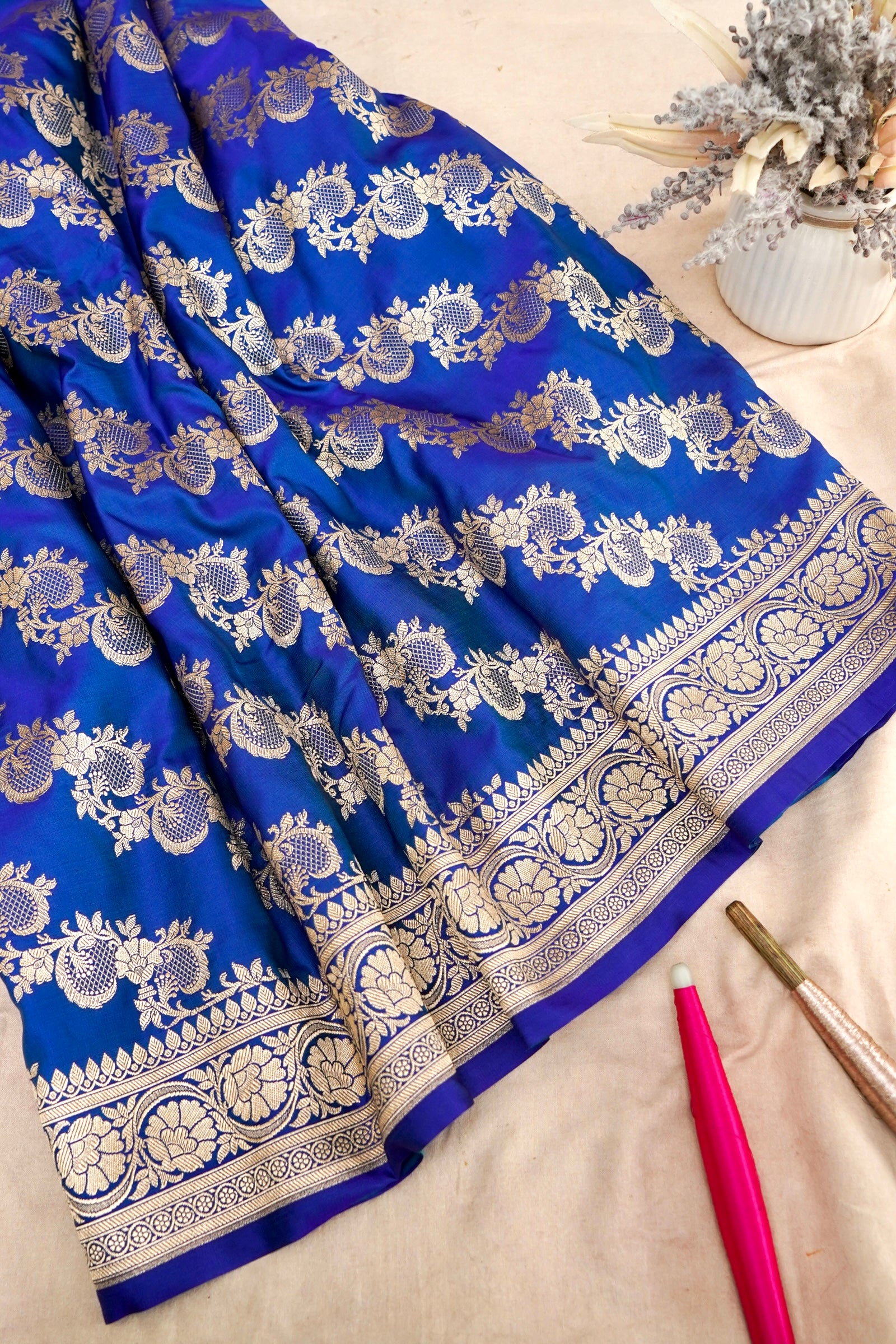 ROYAL COBALT BLUE BANARASI MASHRU KATAN SILK SAREE