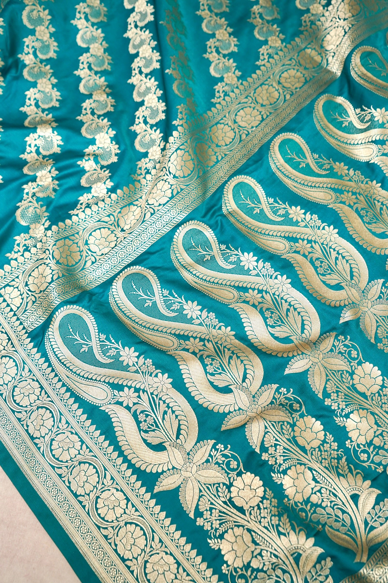 TEAL BLUE BANARASI MASHRU KATAN SILK SAREE