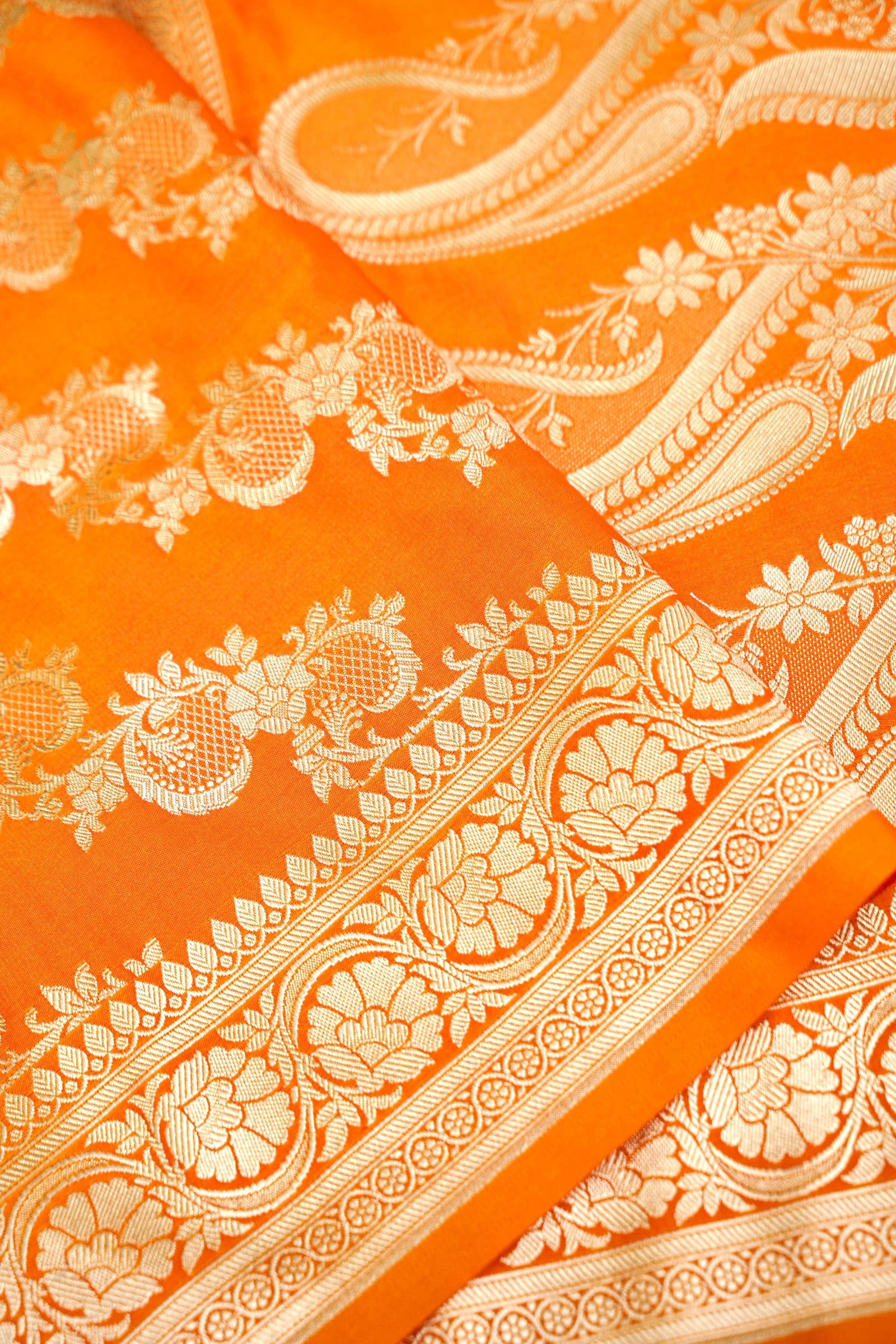 KESAR GOLDEN ORANGE BANARASI MASHRU KATAN SILK SAREE