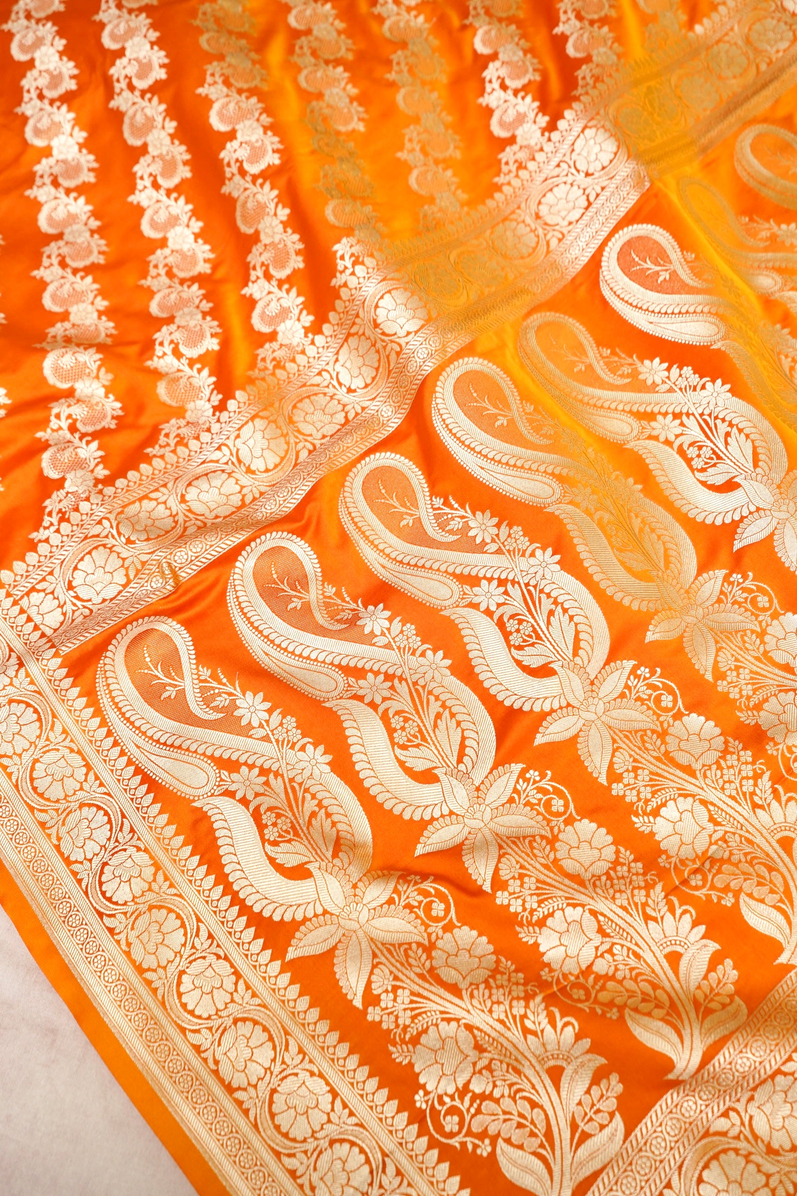 KESAR GOLDEN ORANGE BANARASI MASHRU KATAN SILK SAREE