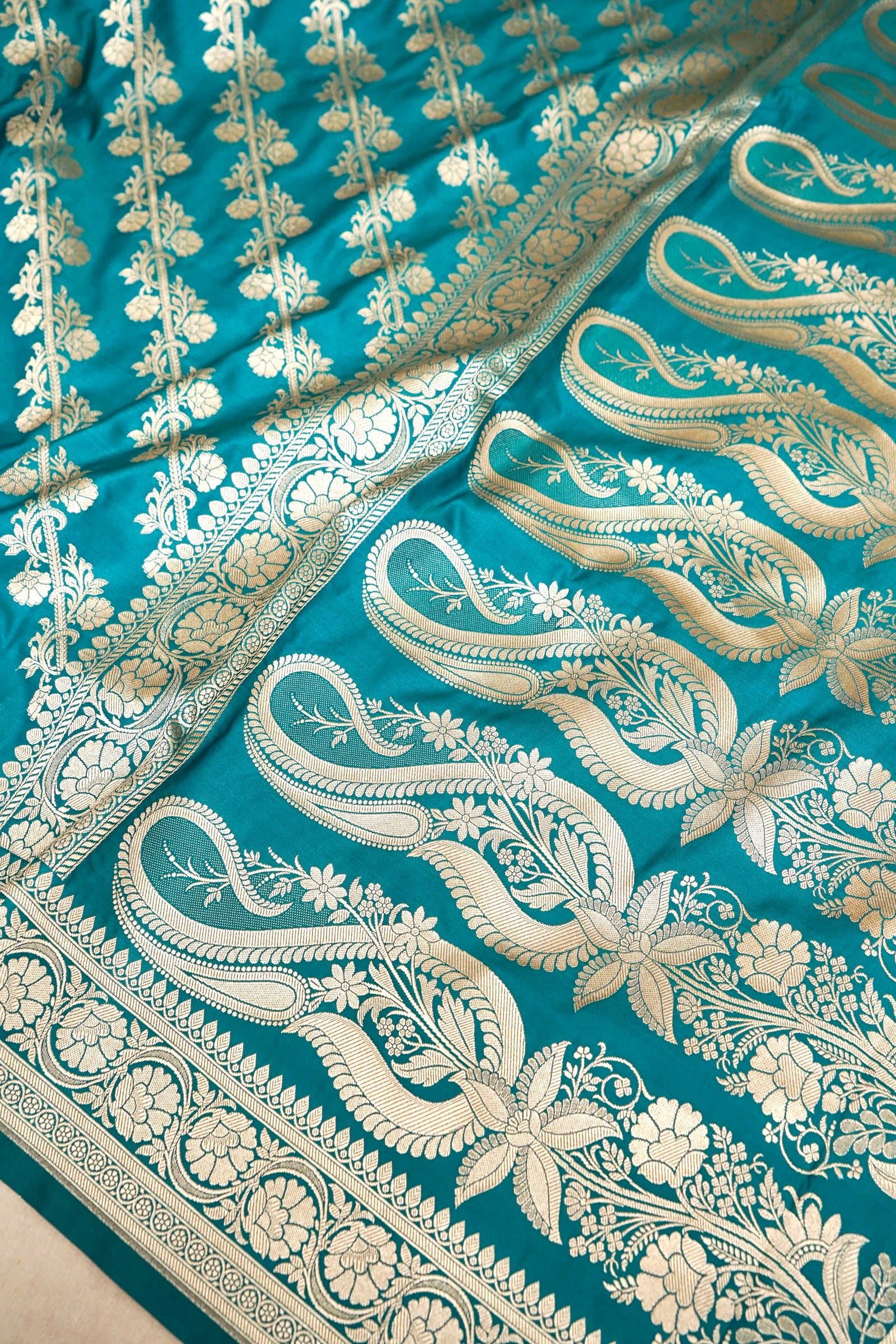 PEACOCK TEAL BANARASI MASHRU KATAN SILK SAREE