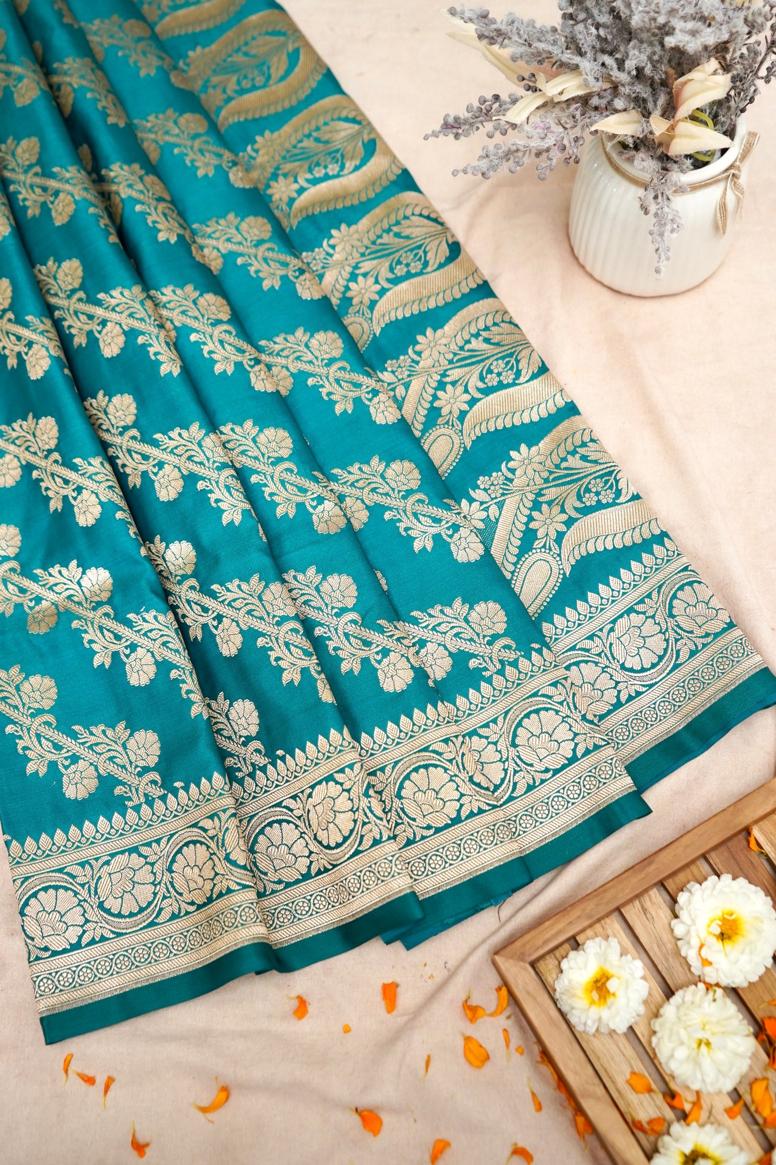 PEACOCK TEAL BANARASI MASHRU KATAN SILK SAREE