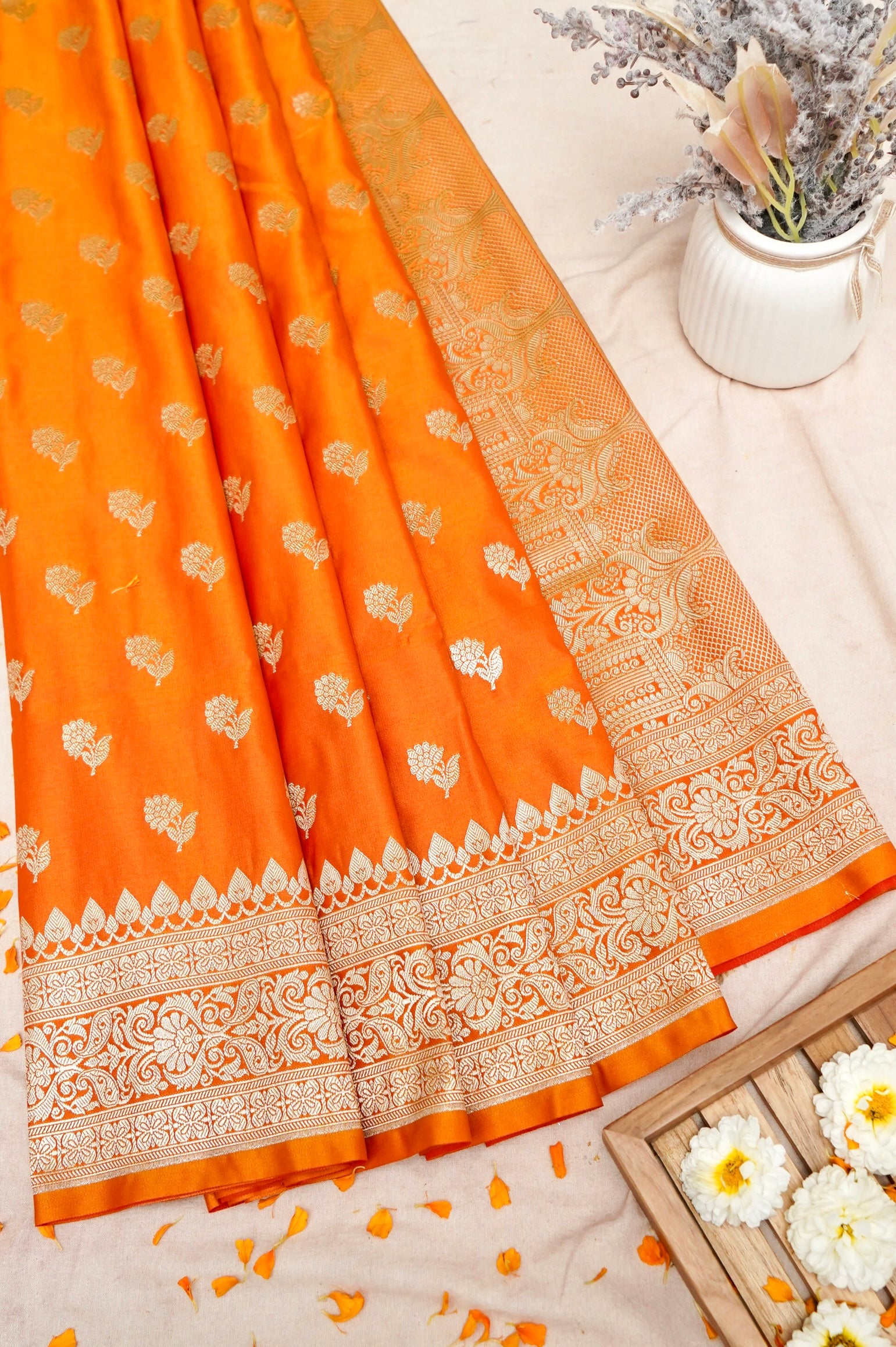 SUNSET KESARI BANARASI MASHRU KATAN SILK SAREE
