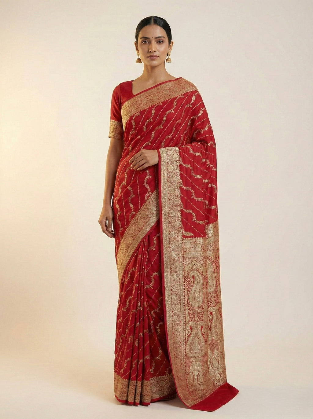 Crimson Red Banarasi Mashru Katan Silk Saree