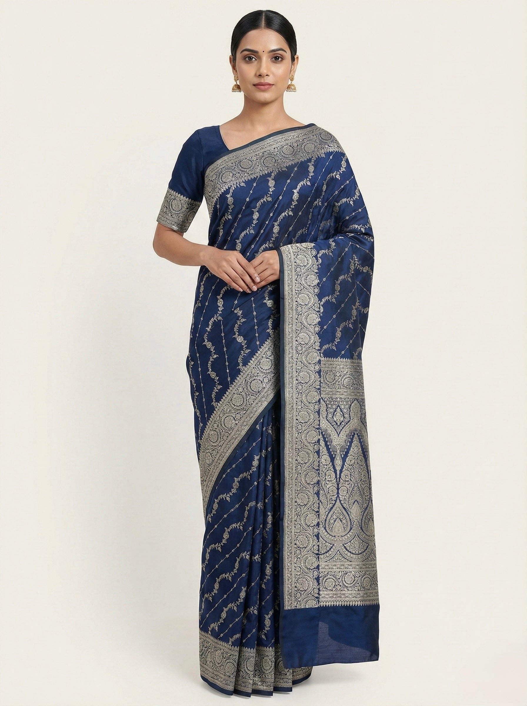 Navy Blue Banarasi Mashru Katan Silk Saree