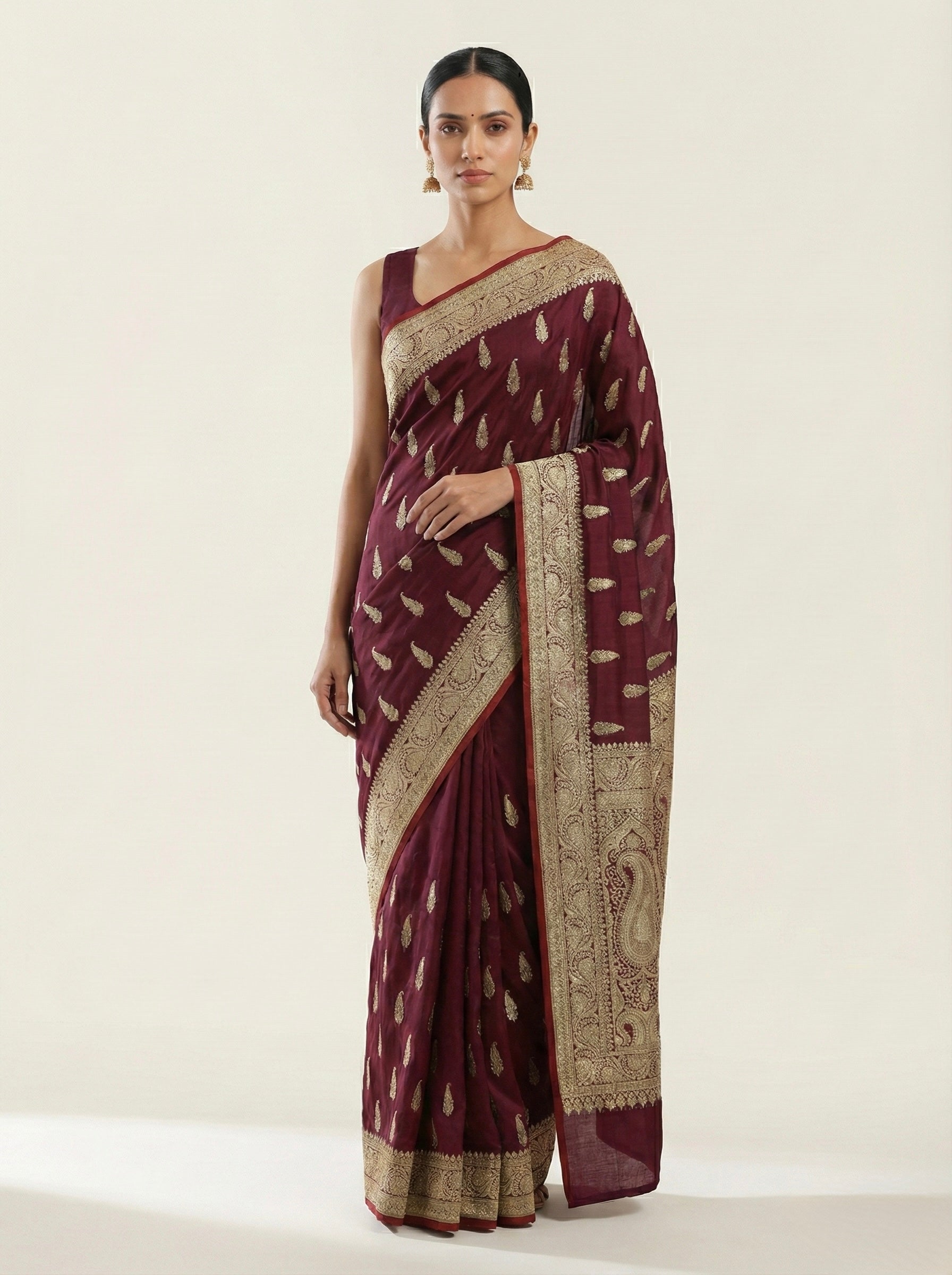 Wine Maroon Banarasi Mashru Katan Silk Saree