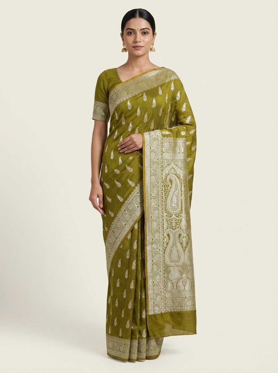 Mehendi Green Banarasi Mashru Katan Silk Saree