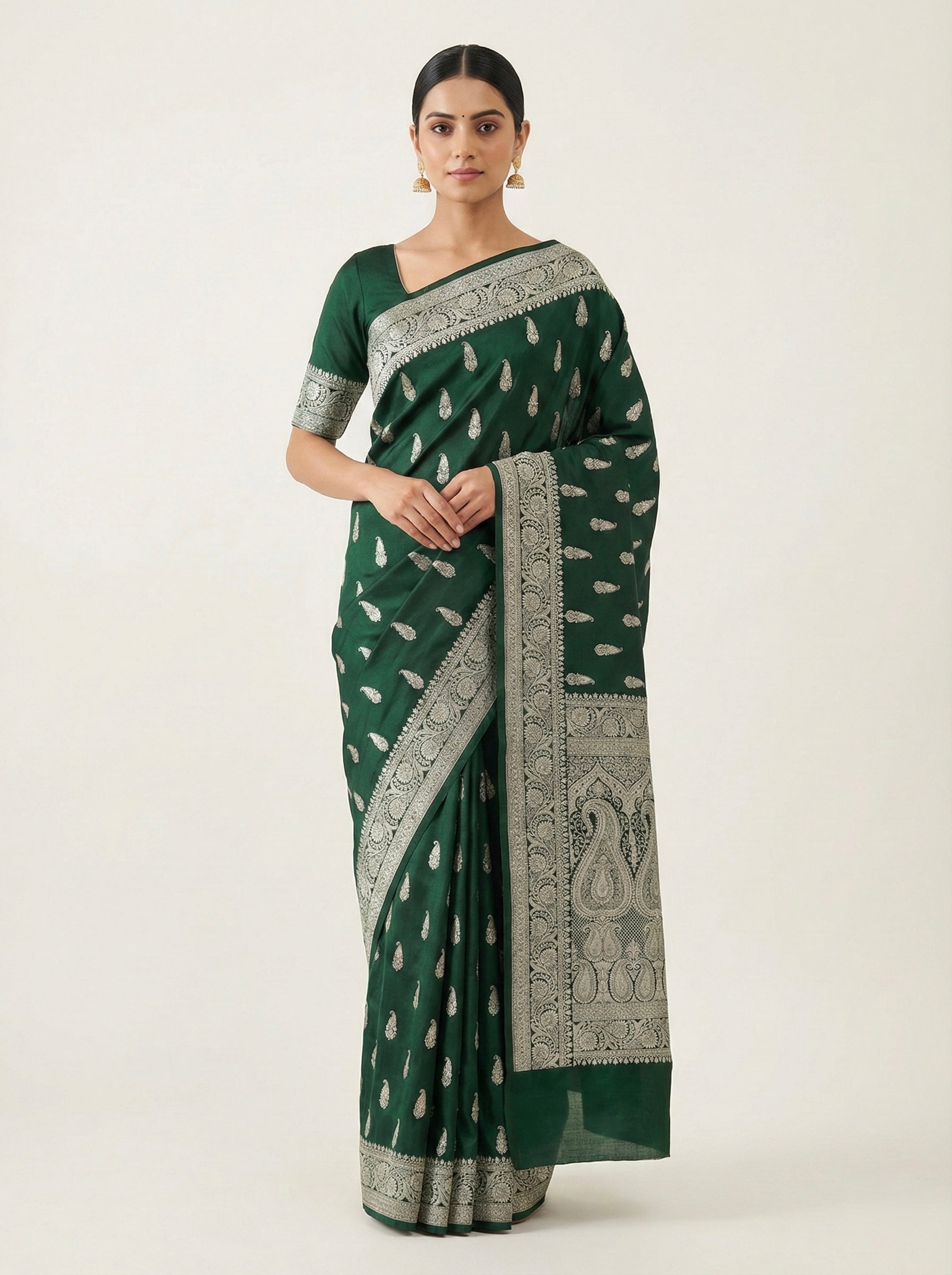 Deep Emerald Green Banarasi Mashru Katan Silk Saree