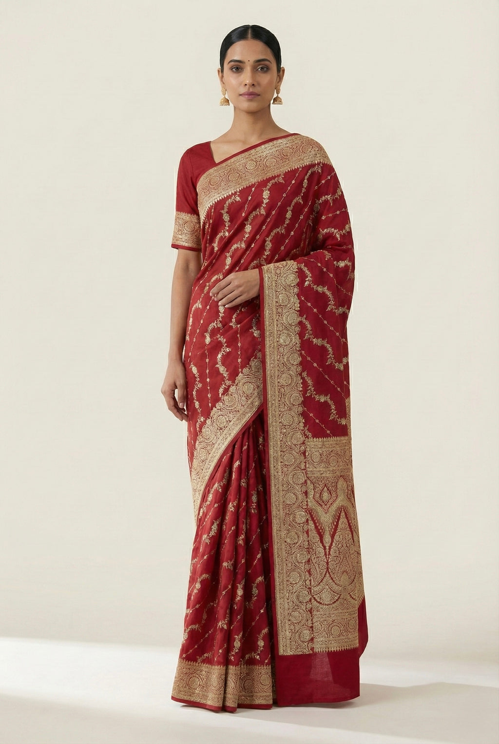 Deep Red Banarasi Mashru Katan Silk Saree
