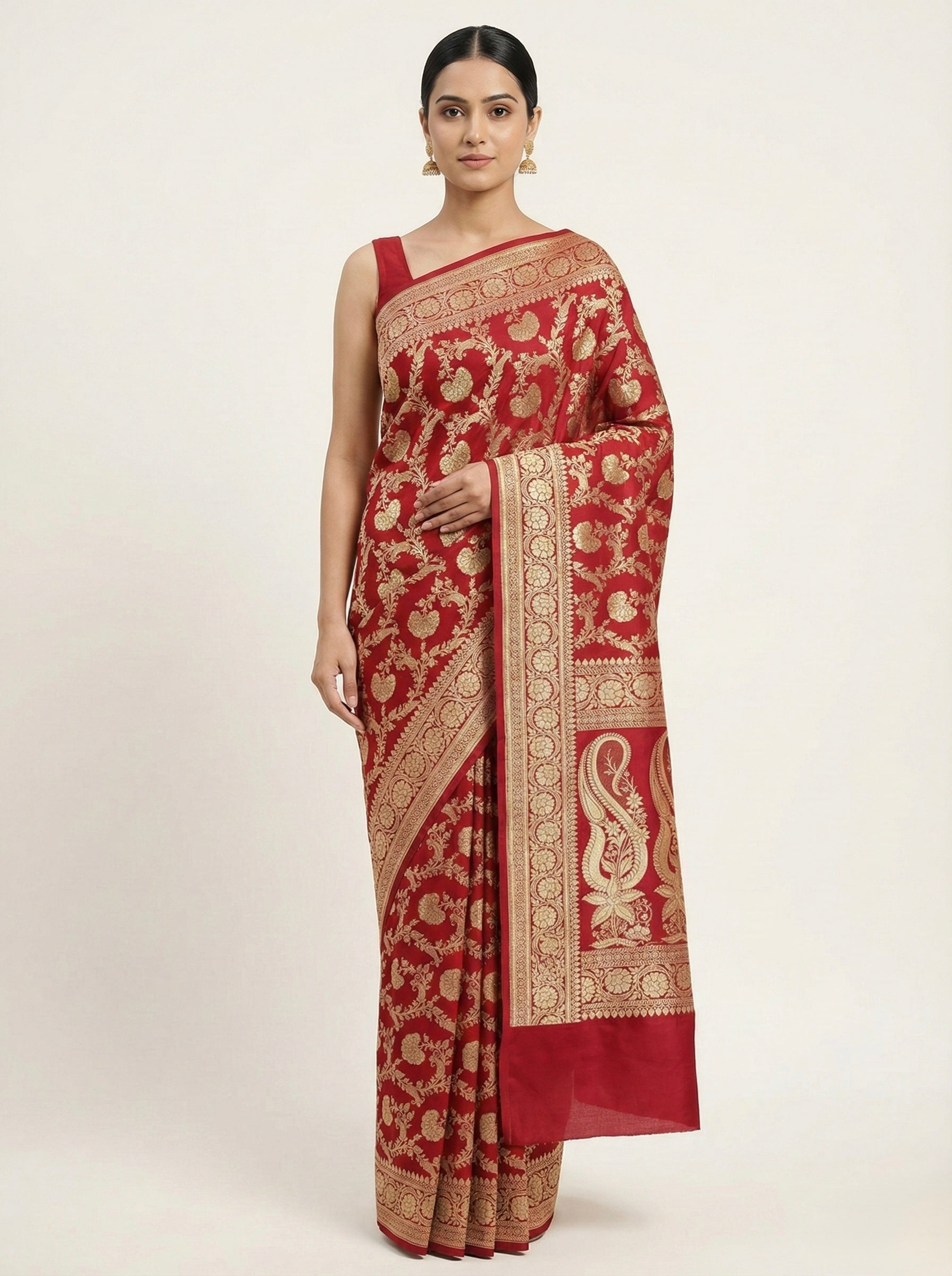 Crimson Red Banarasi Mashru Katan Silk Saree