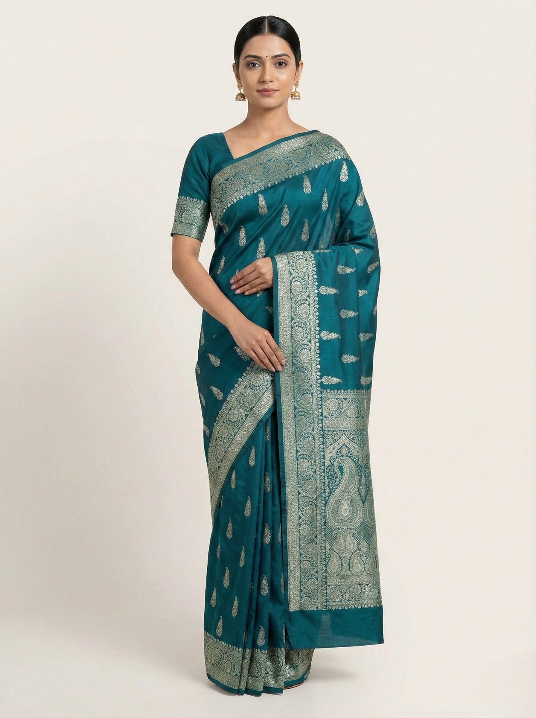 Peacock Teal Banarasi Mashru Katan Silk Saree