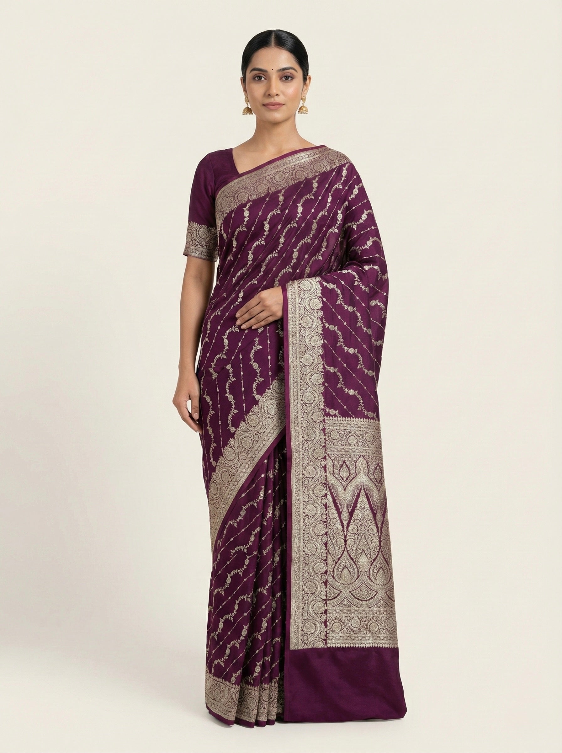 Deep Plum Banarasi Mashru Katan Silk Saree