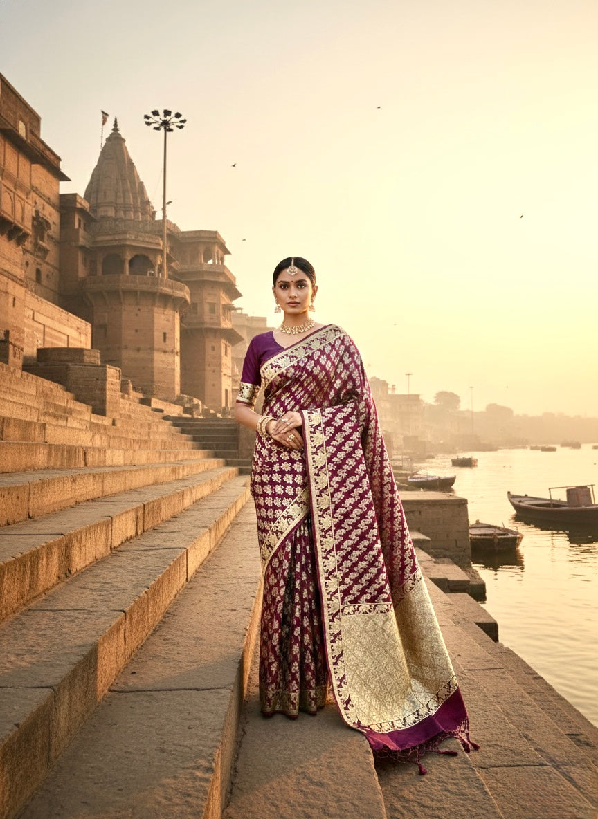 Handwoven Wine Banarasi Ahinsa Silk saree