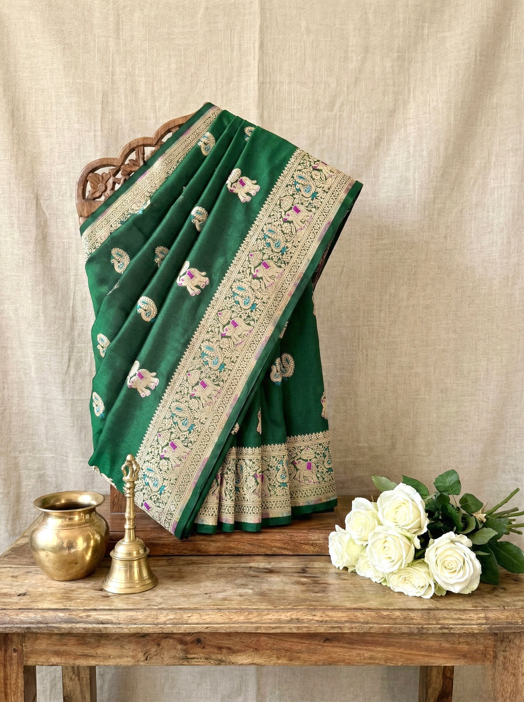 Handwoven Emerald Green Banarasi Ahinsa Silk Saree