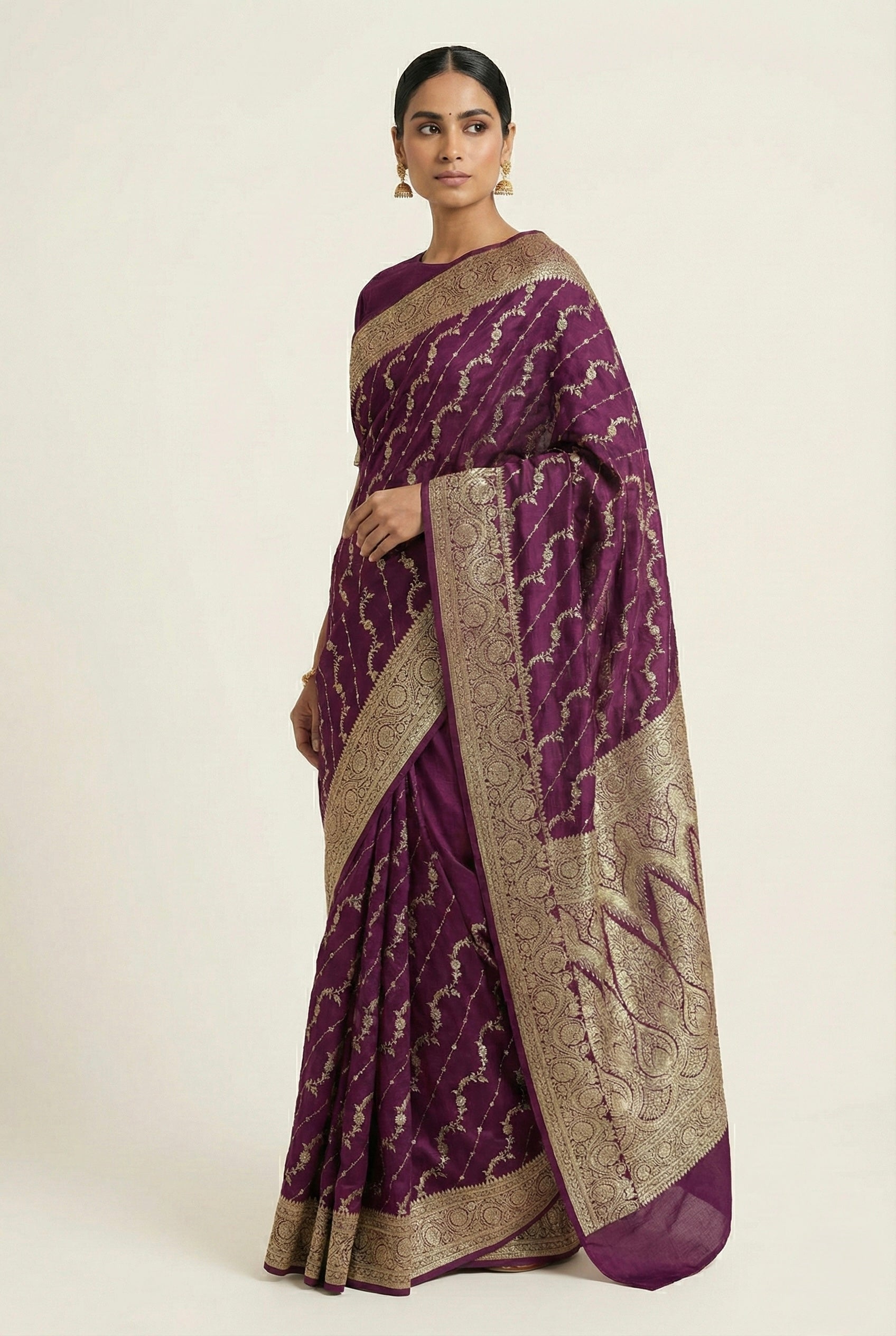 Deep Plum Banarasi Mashru Katan Silk Saree